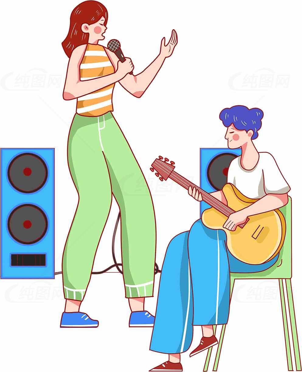 女生弹吉他与歌唱音乐场景插画素材