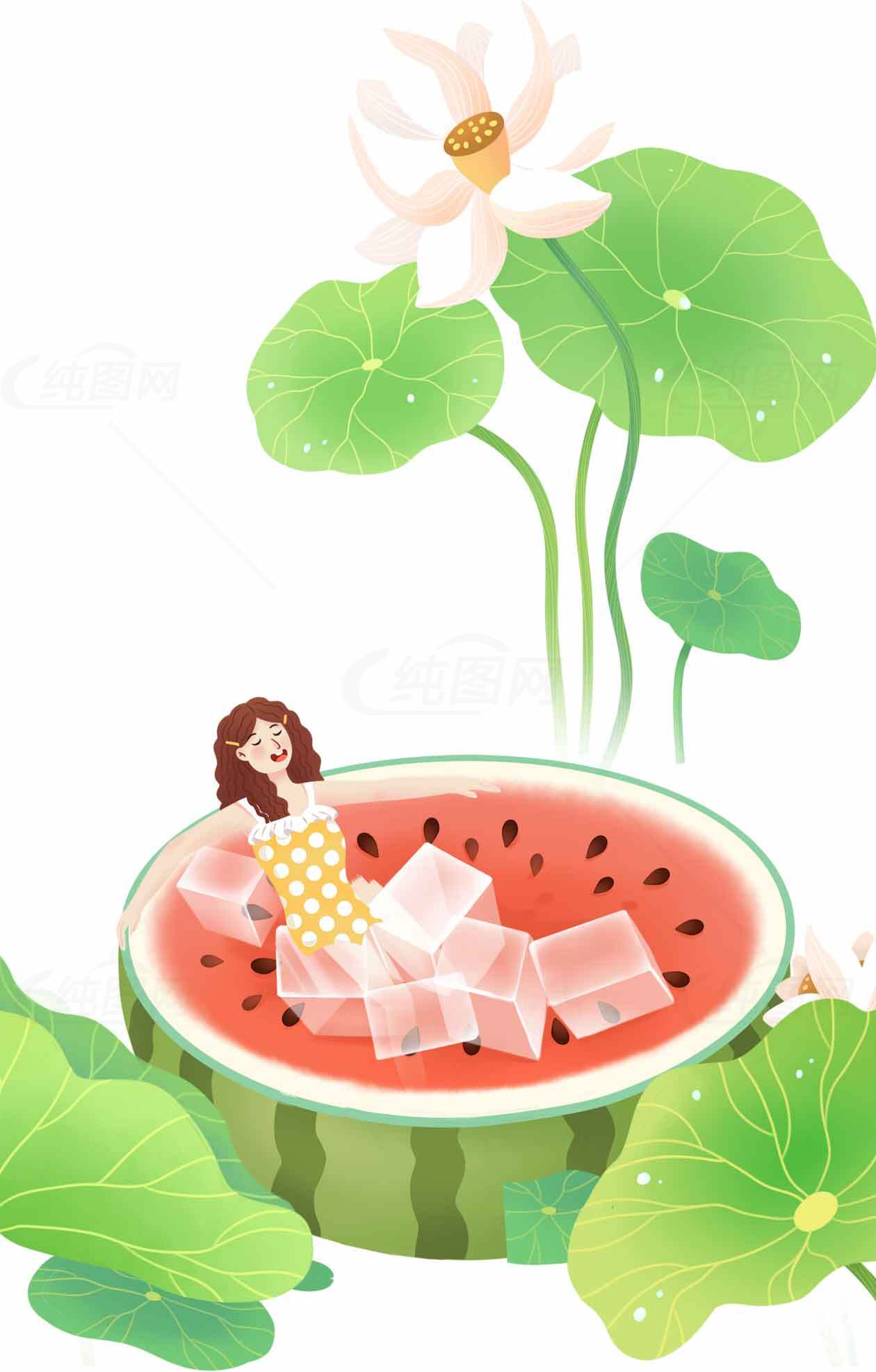 夏日清凉西瓜与荷花插画设计素材