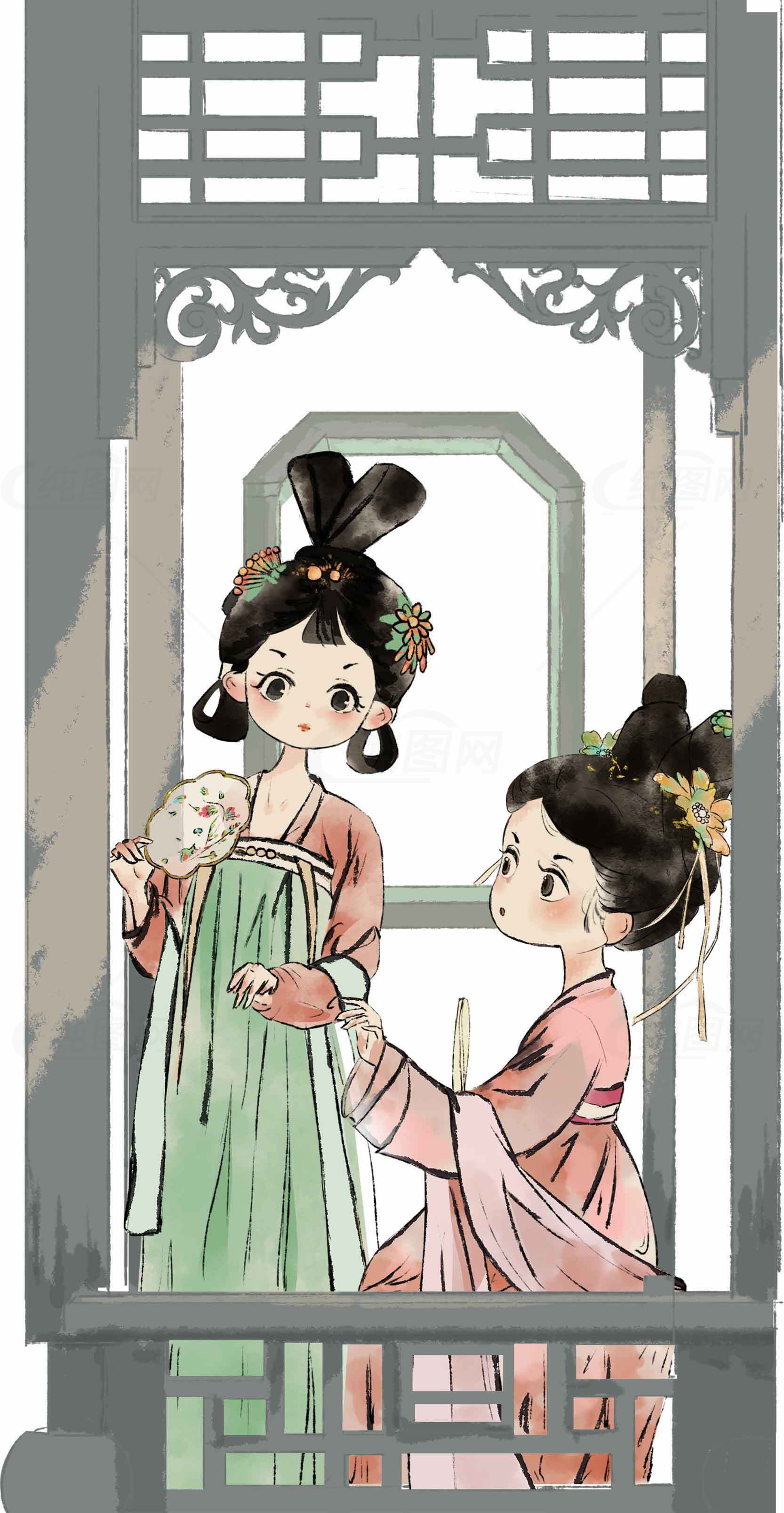 古风少女插画：窗边的唯美瞬间素材