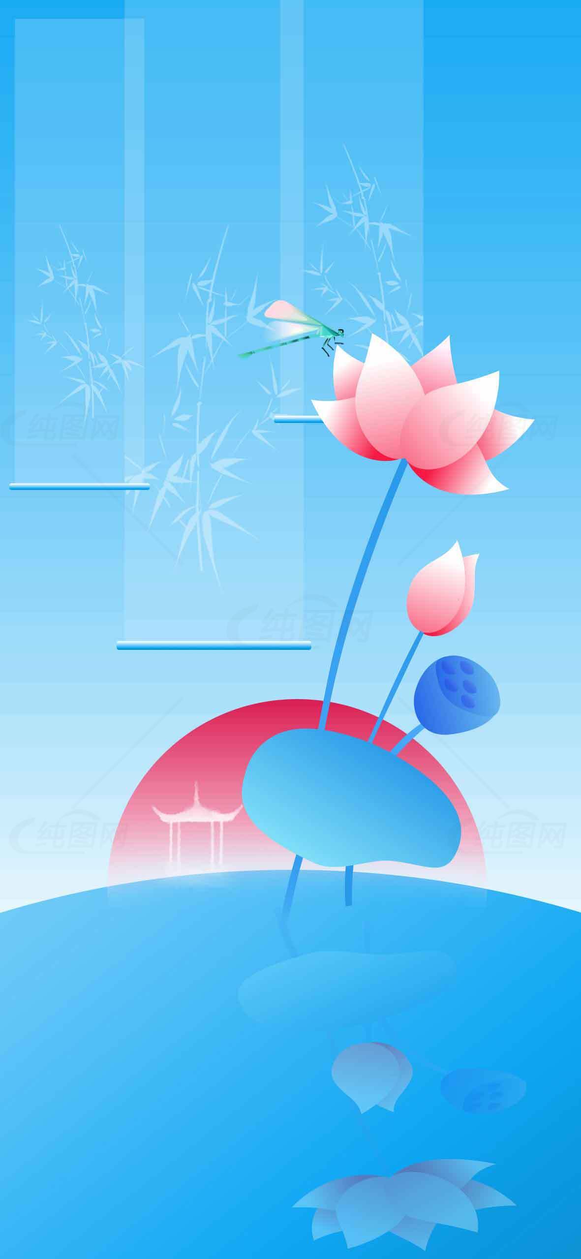 唯美荷花与蓝色背景插画设计素材