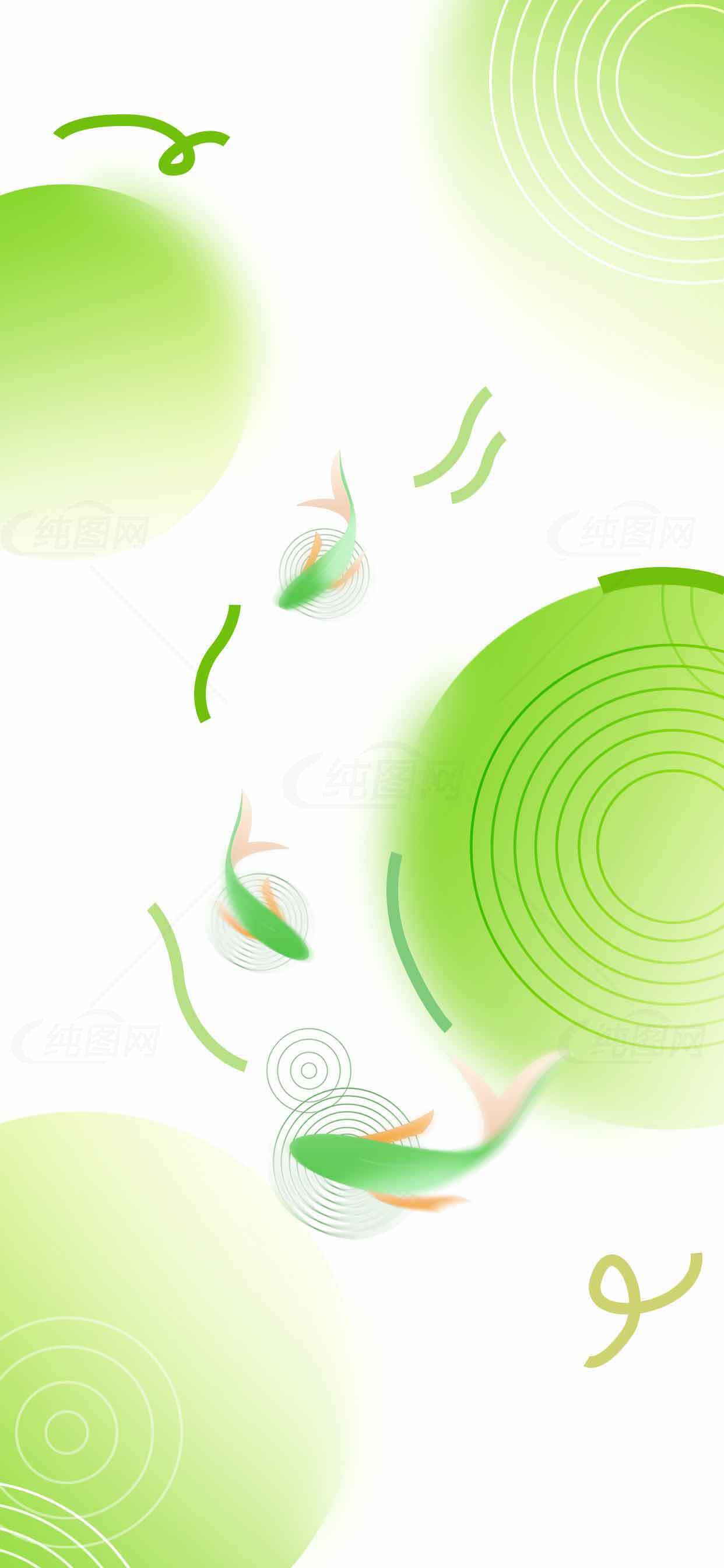 清新绿色背景设计，鱼与圆形元素的艺术融合素材