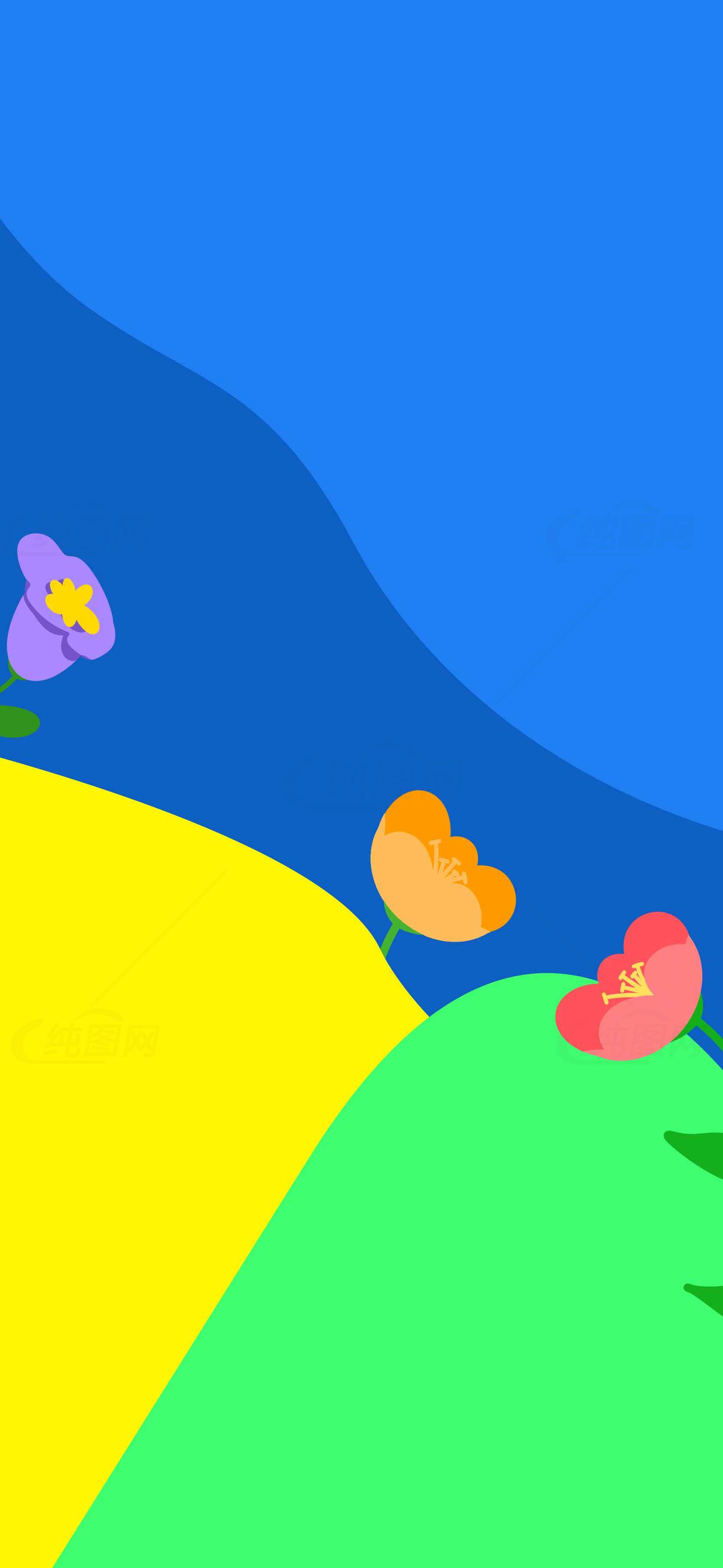 抽象风景插画：蓝天绿地与彩色花朵素材