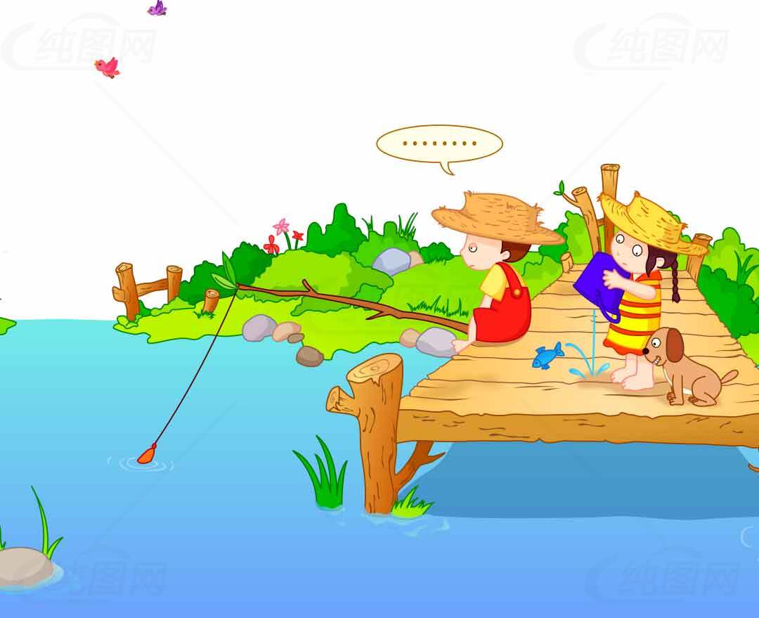 儿童钓鱼卡通插画清新场景素材