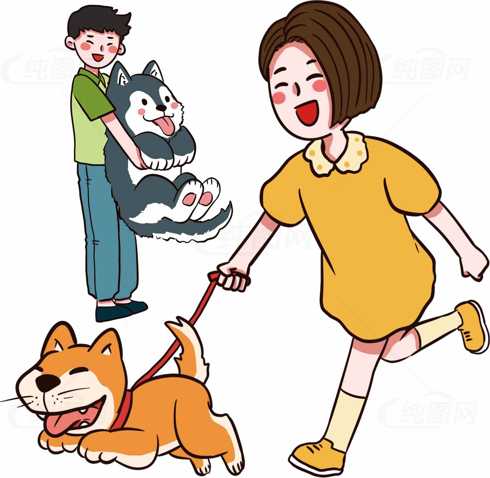 卡通人物遛狗场景插画素材