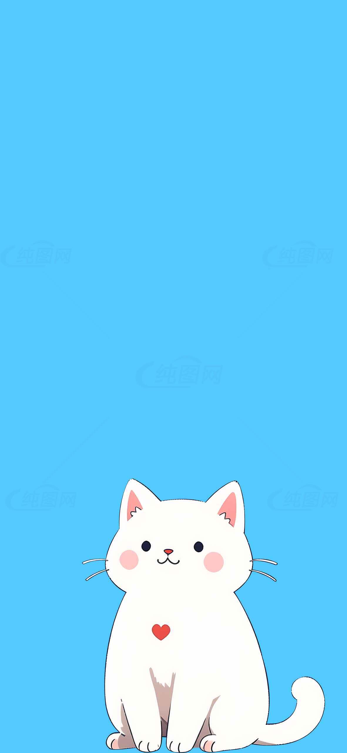 可爱白猫插画壁纸-蓝色背景素材