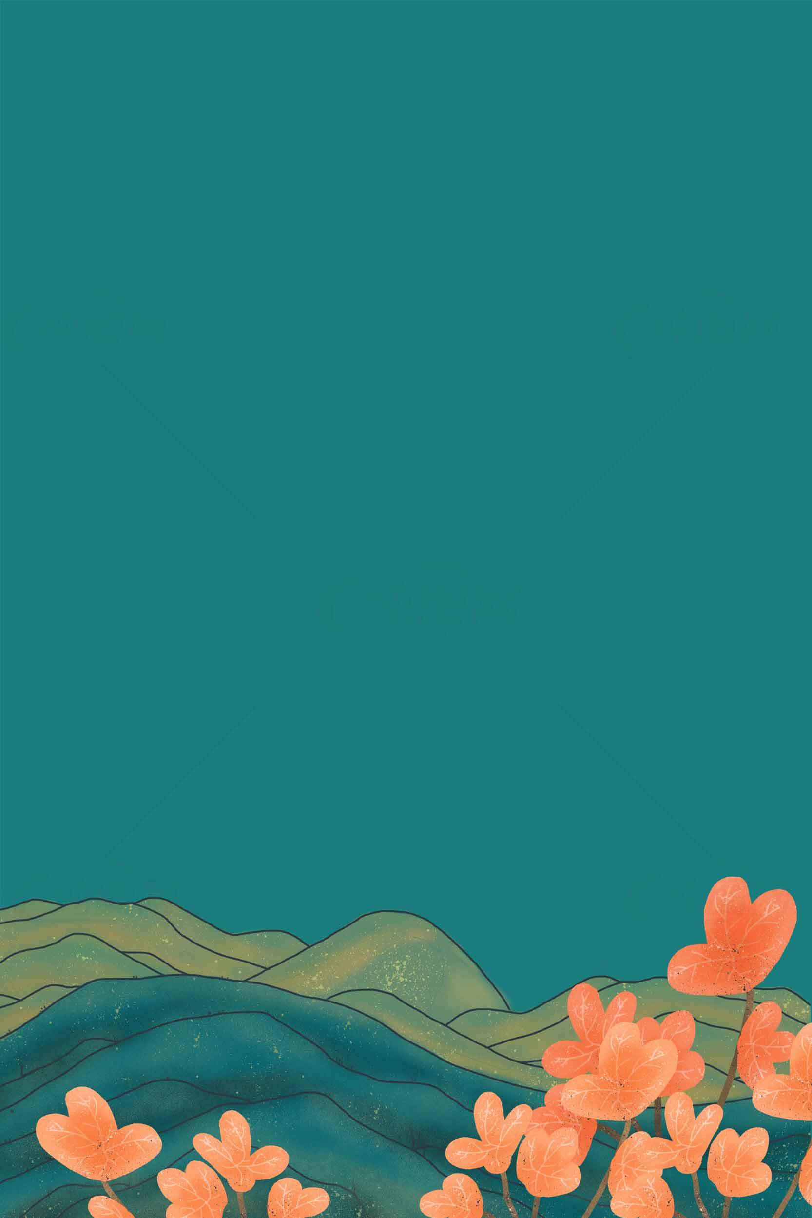 清新手绘风景插画：橙色花朵与绿色山丘背景素材