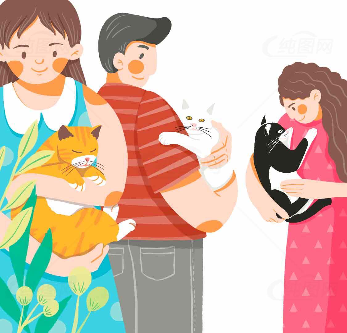 卡通风格的家庭与宠物猫插画设计素材