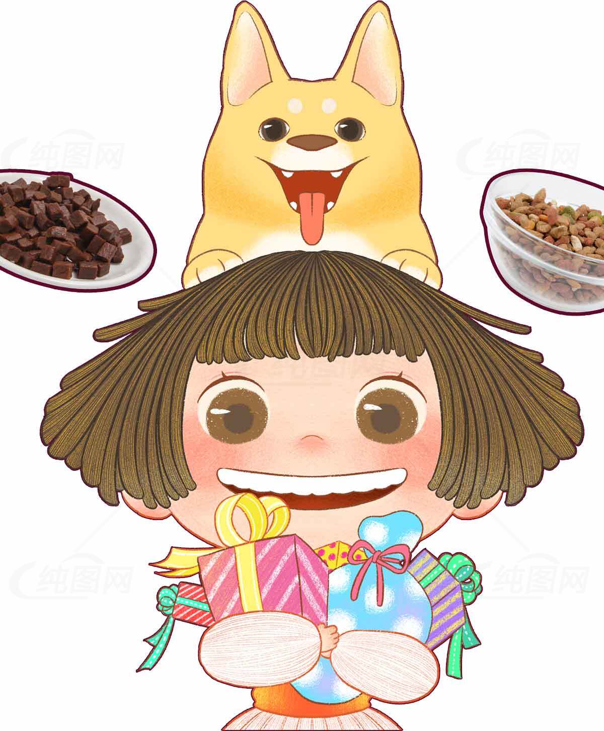可爱女孩与柴犬的礼物派对插画素材