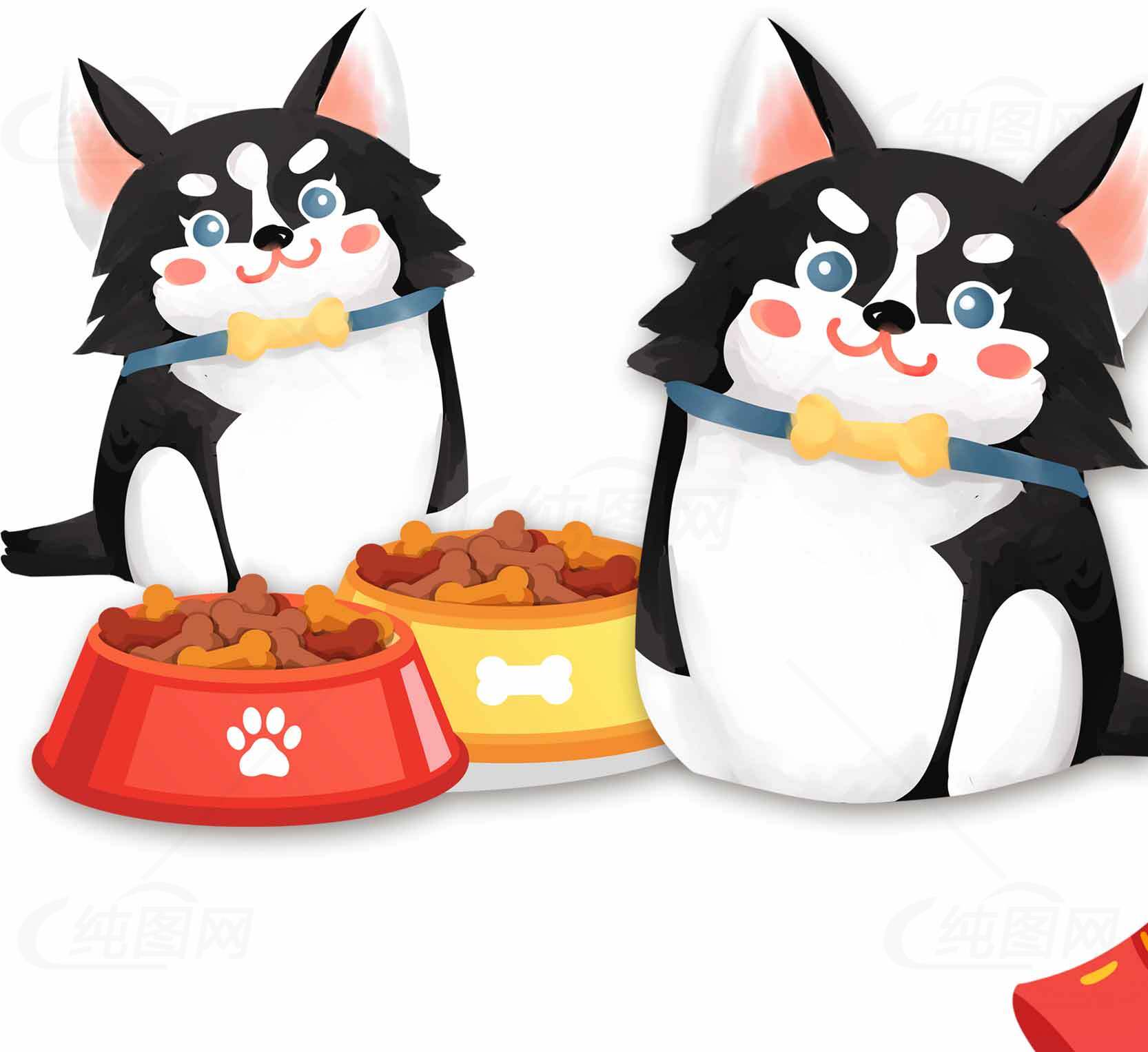 可爱宠物狗与狗粮碗插画设计素材