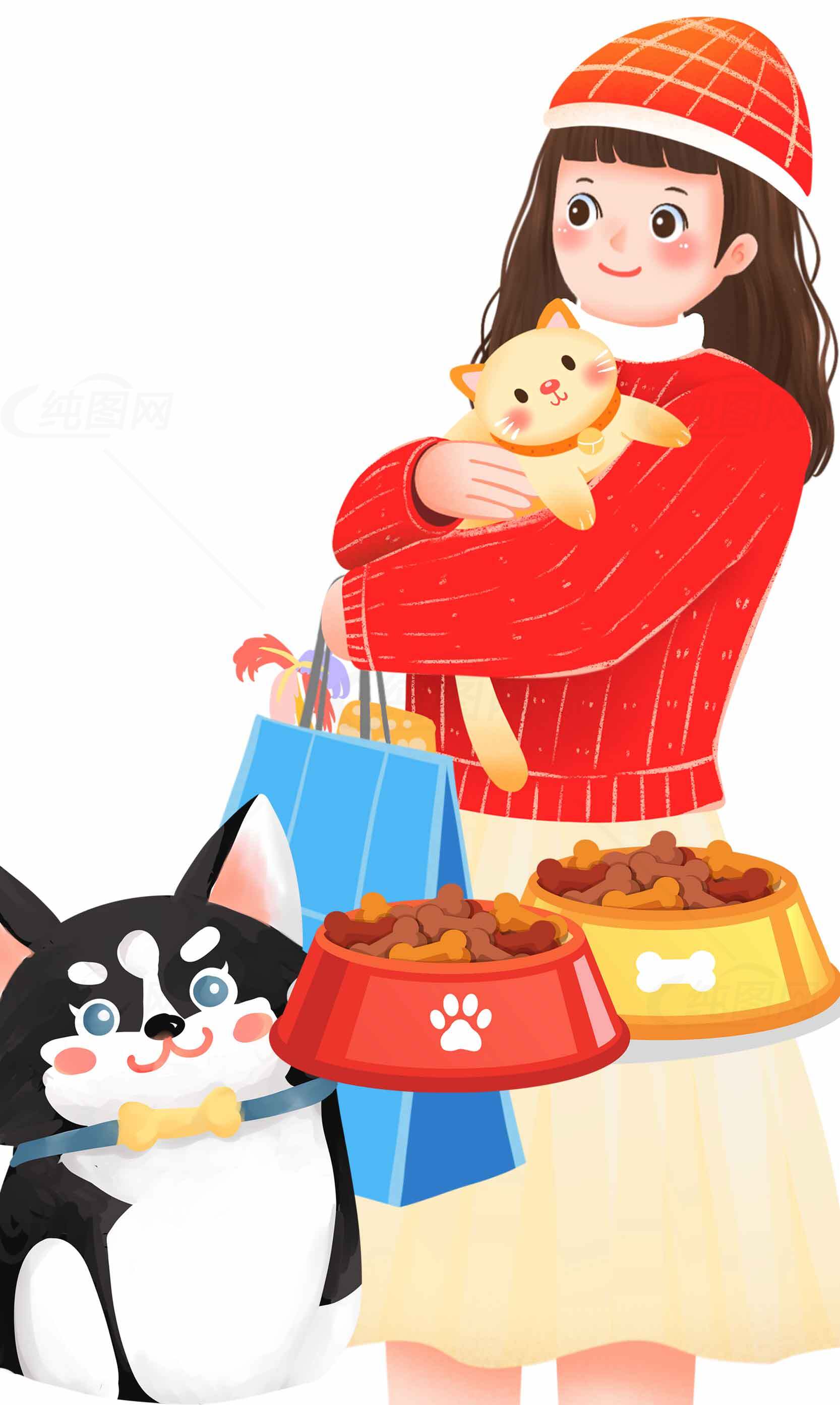 宠物用品购物场景插画：狗粮与宠物狗素材