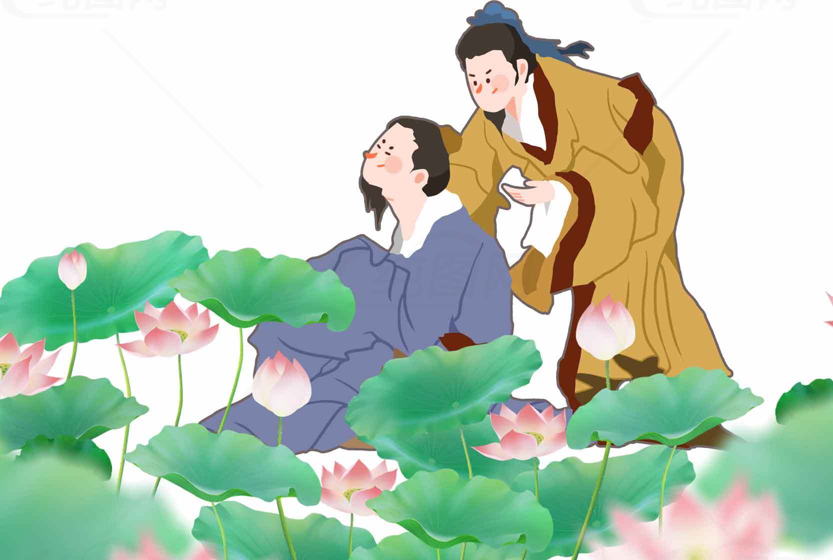 古代男女荷花池唯美插图素材