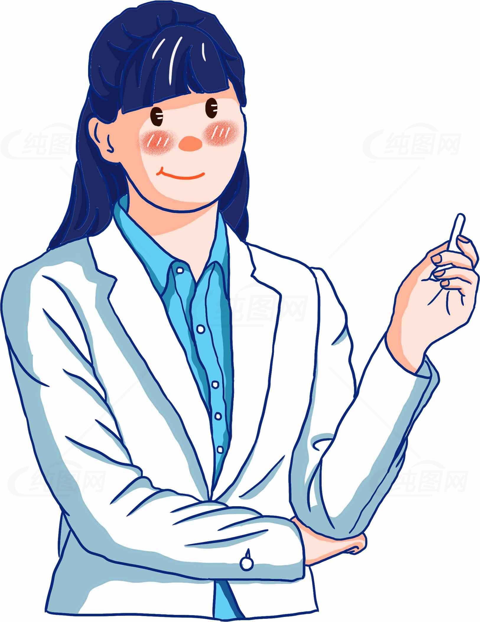职业女性形象插画：白色西装与蓝色衬衫搭配素材