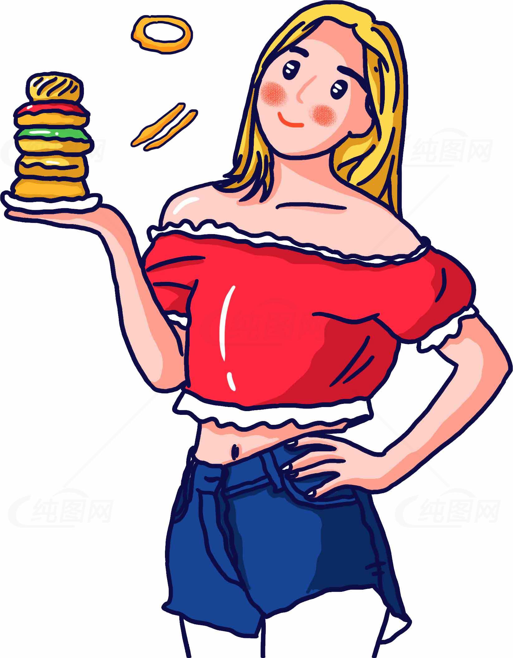 时尚插画：女孩与汉堡美食艺术设计素材