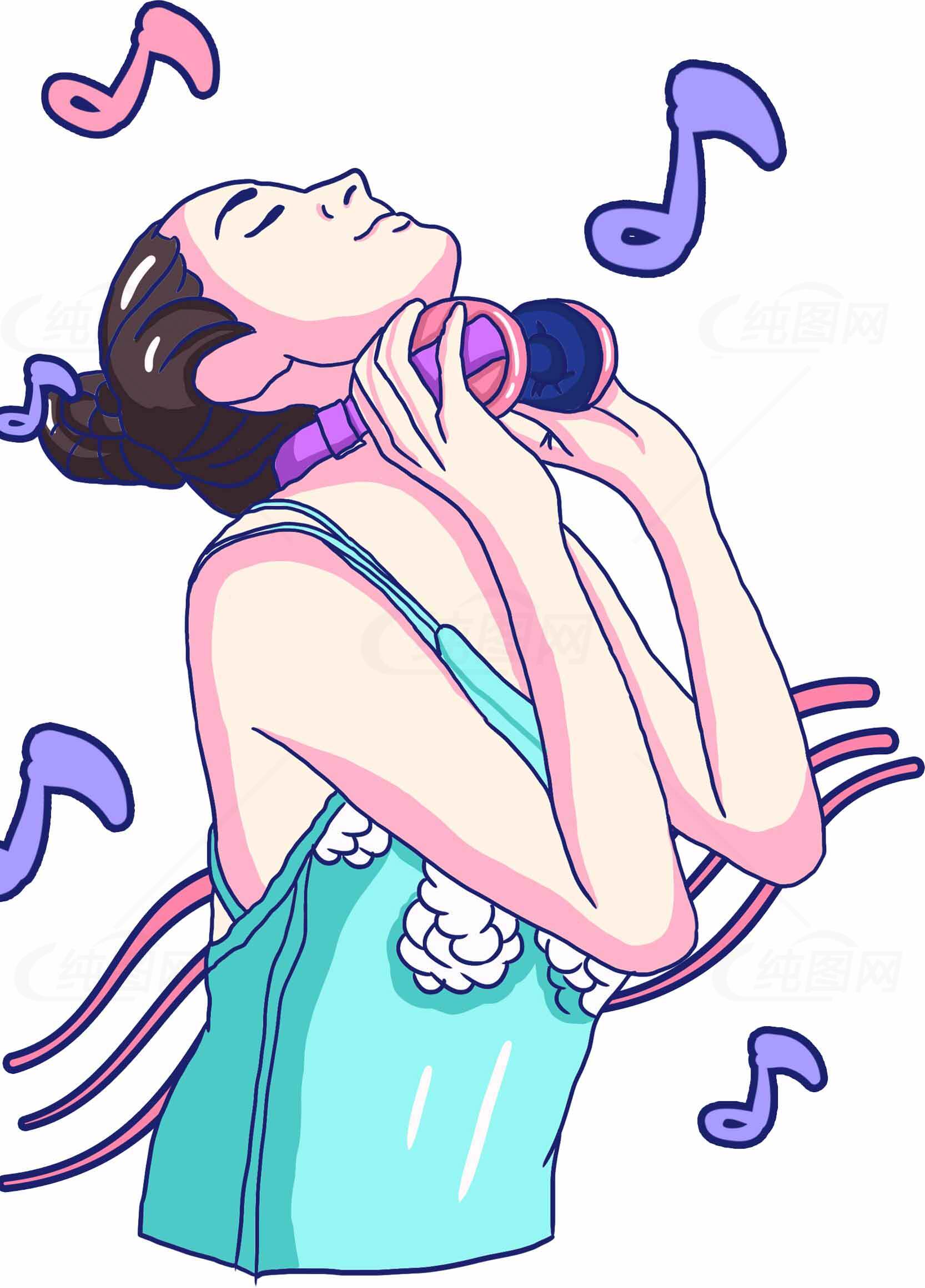 女生戴耳机享受音乐插画素材