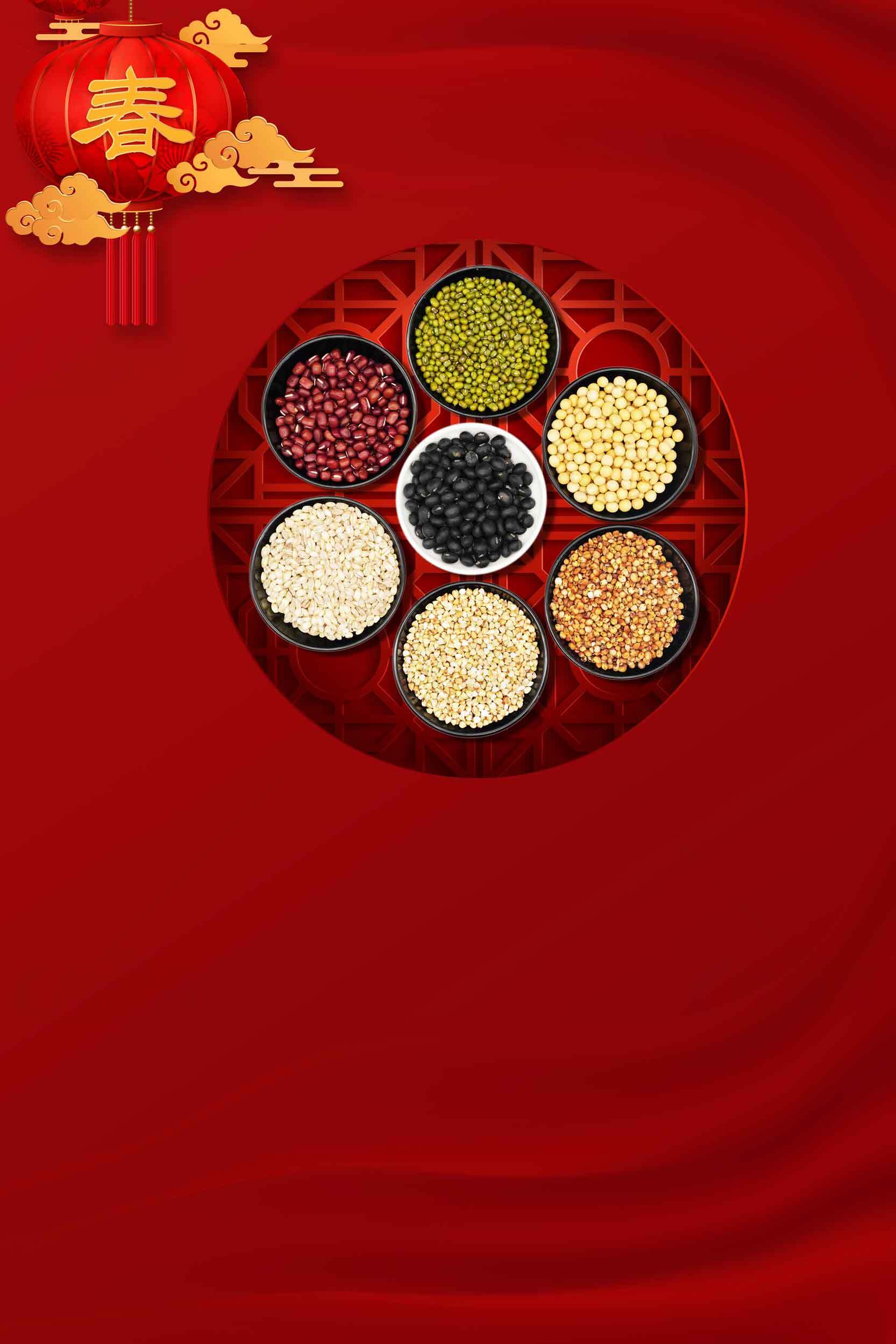 春节传统食材与红色背景设计素材