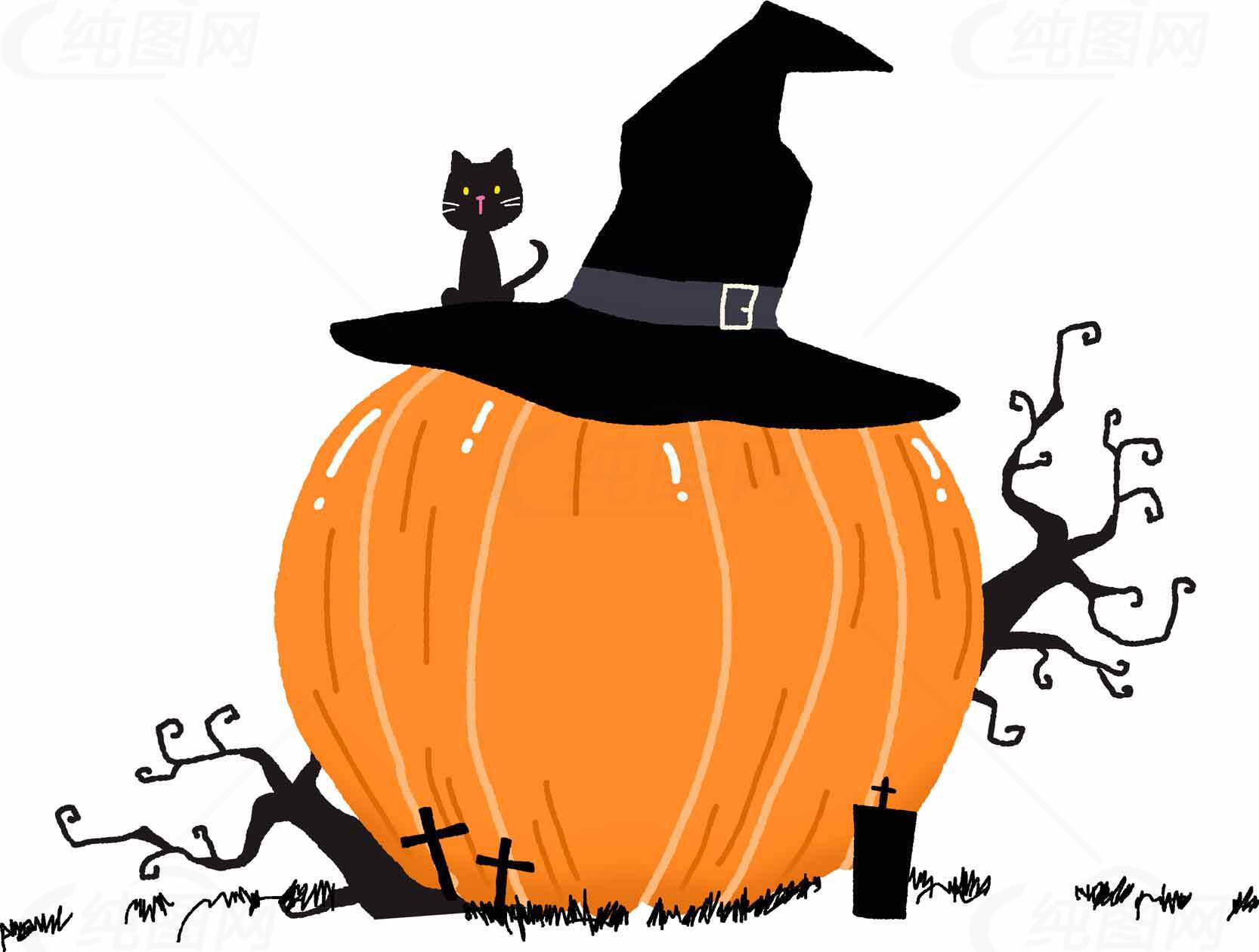 万圣节南瓜与黑猫插画设计素材