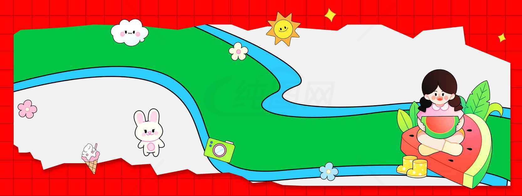 夏日清新卡通风景插画素材