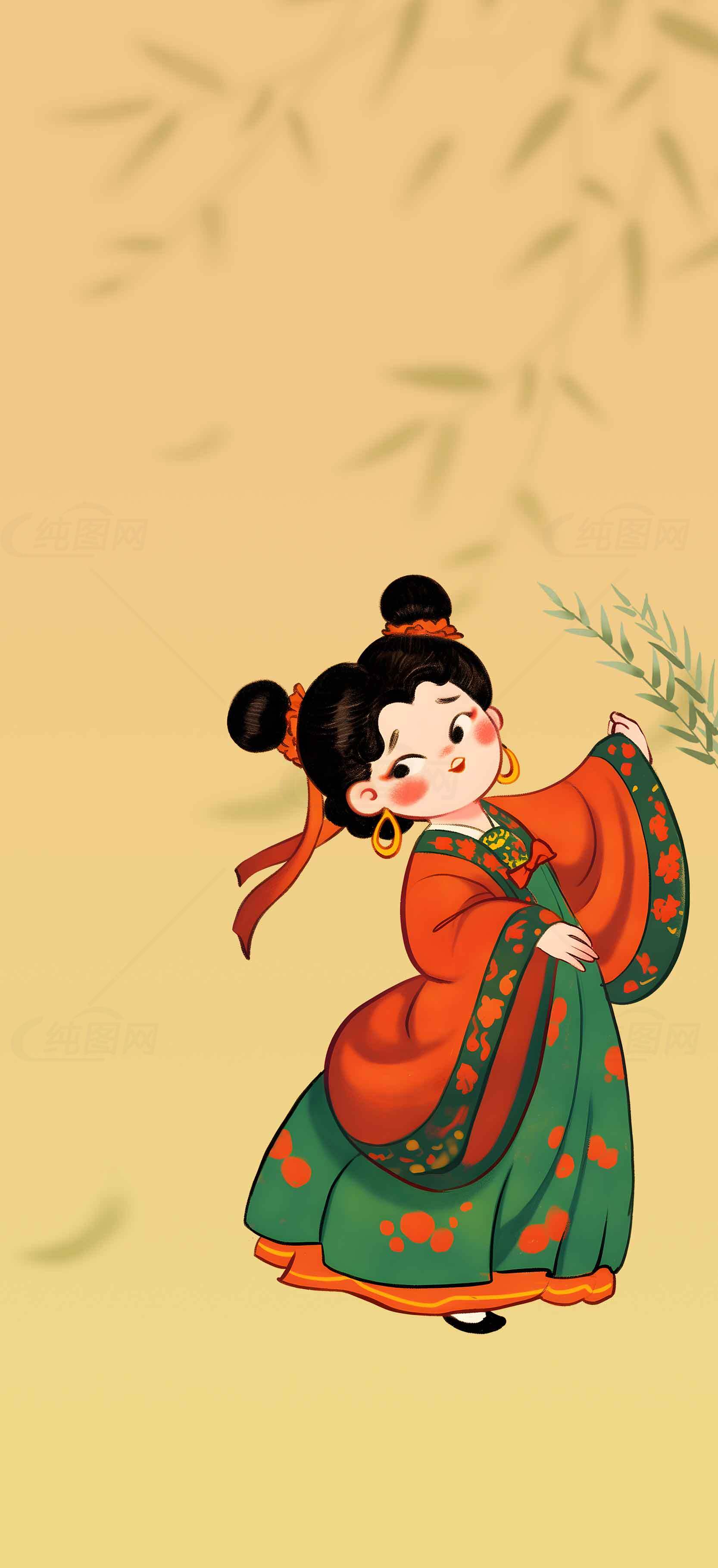 古风插画少女手持竹叶唯美背景素材