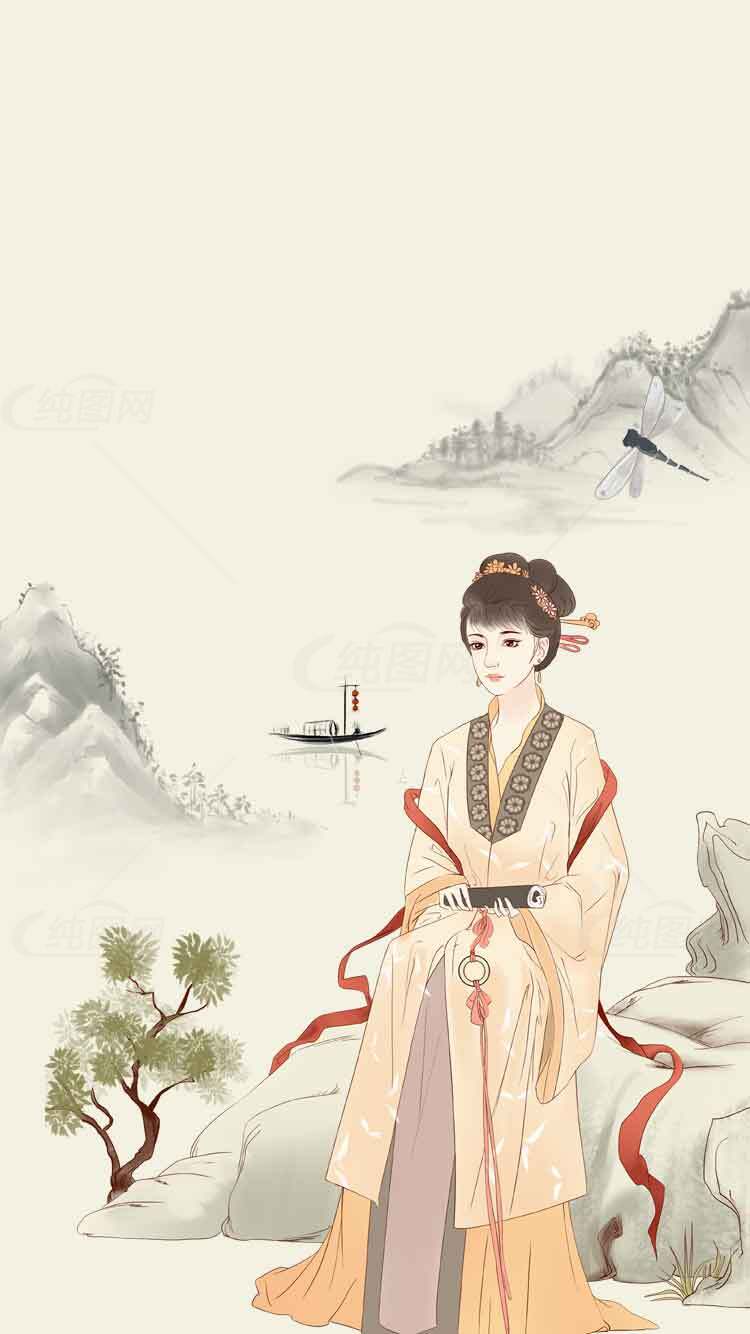 古风山水背景与传统服饰插画素材