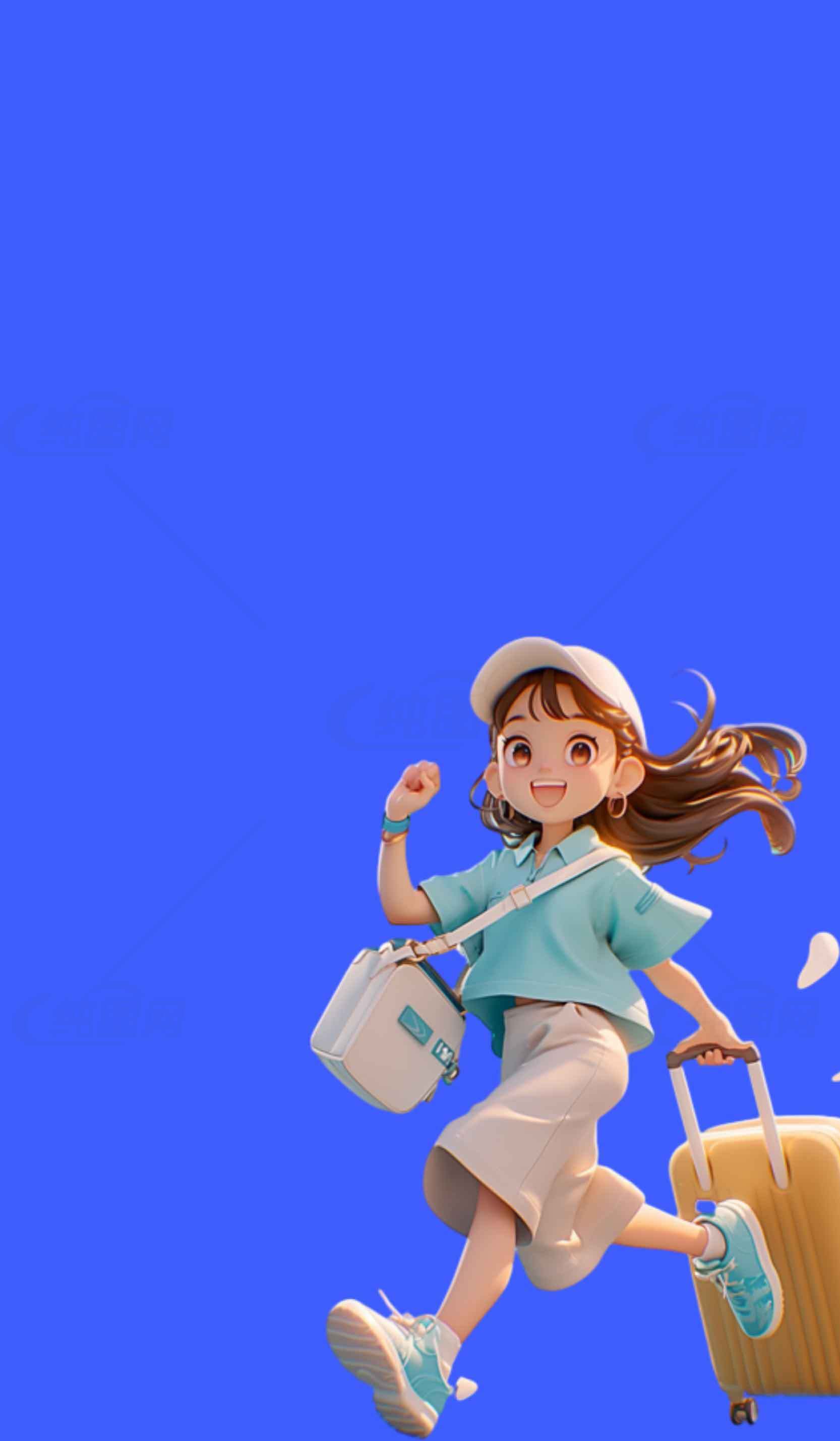 旅行女孩卡通插画：蓝色背景与时尚行李箱素材