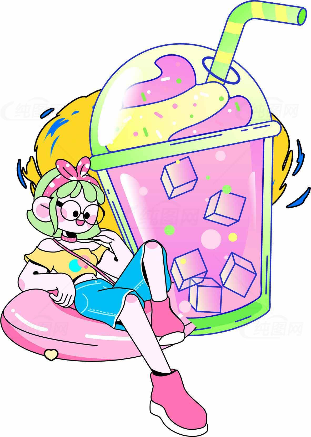 夏日清新卡通女孩与彩色饮品插画素材