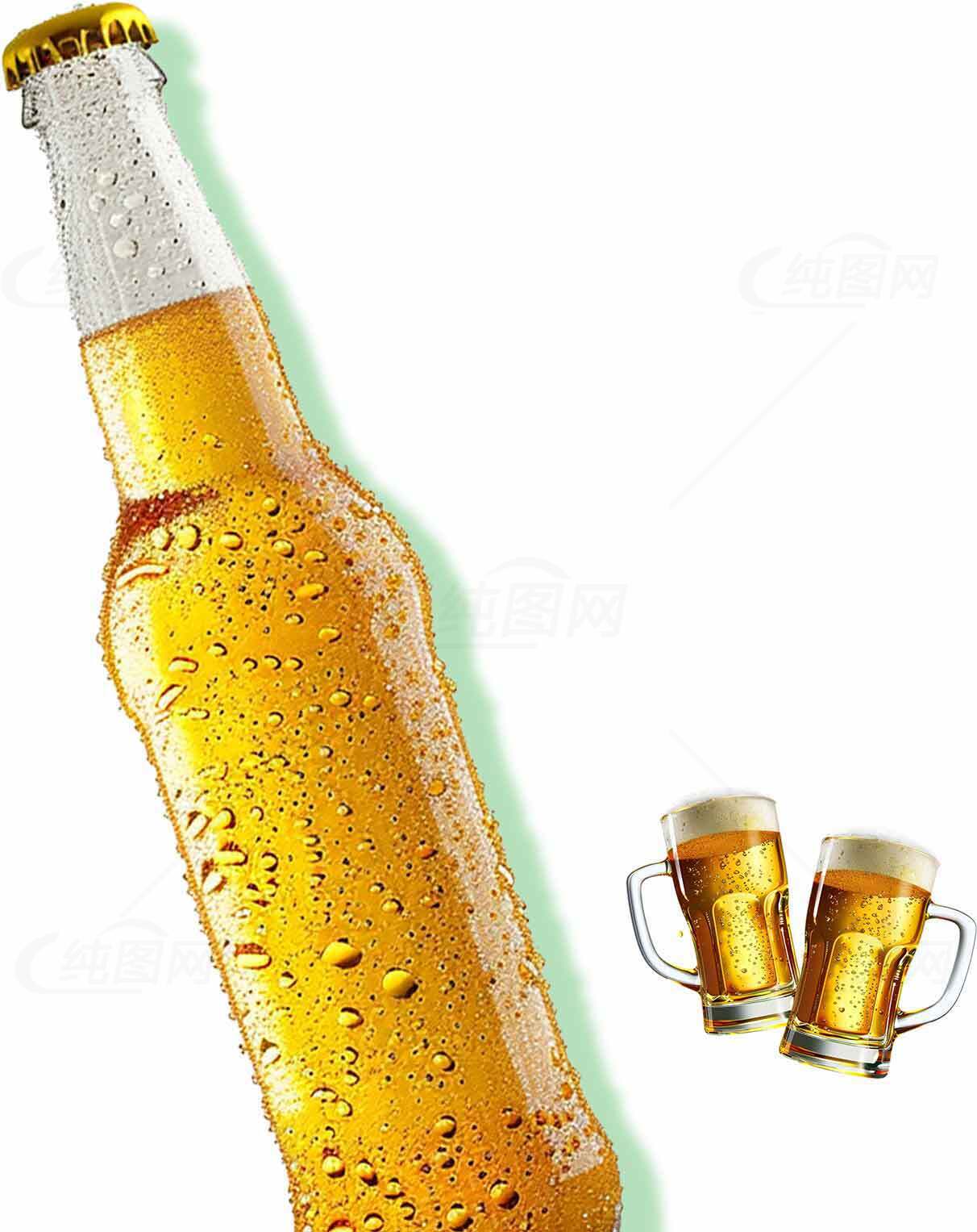 清爽冰啤酒瓶与啤酒杯特写图片素材