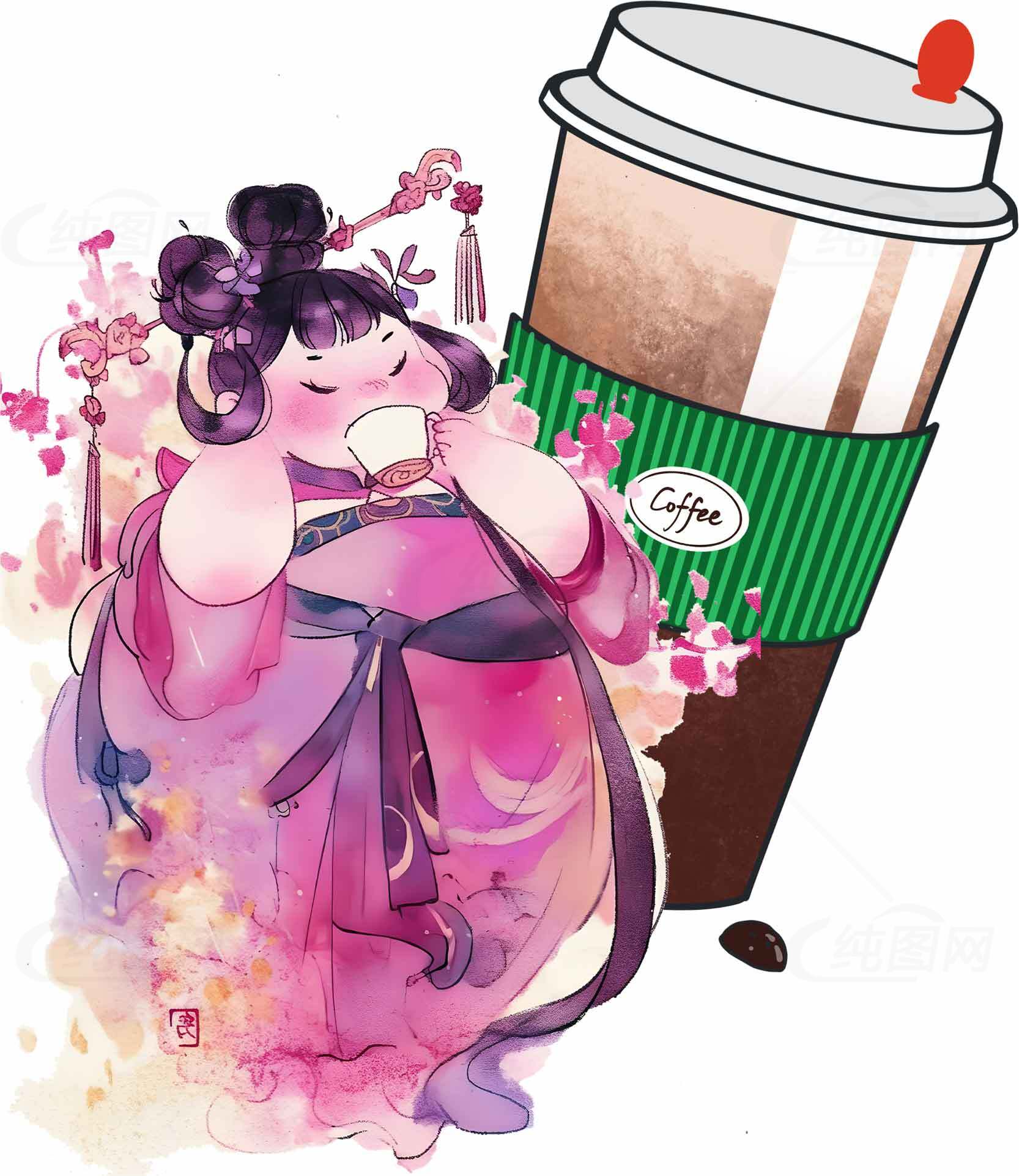 古风少女与咖啡的创意插画素材