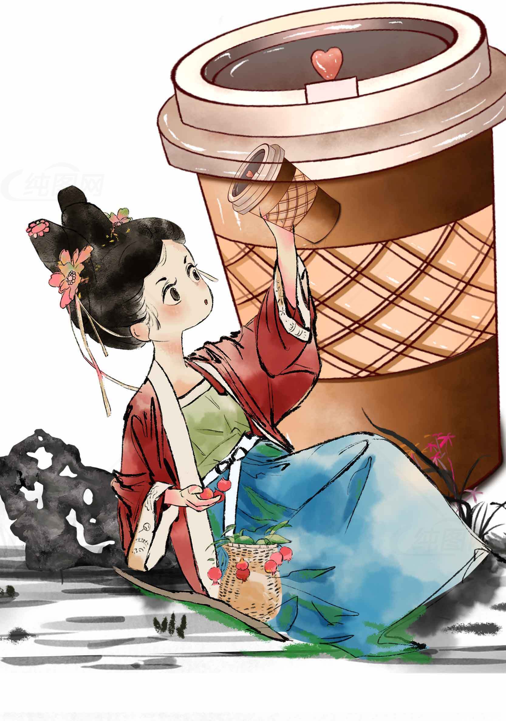 古风少女与咖啡杯插画设计素材