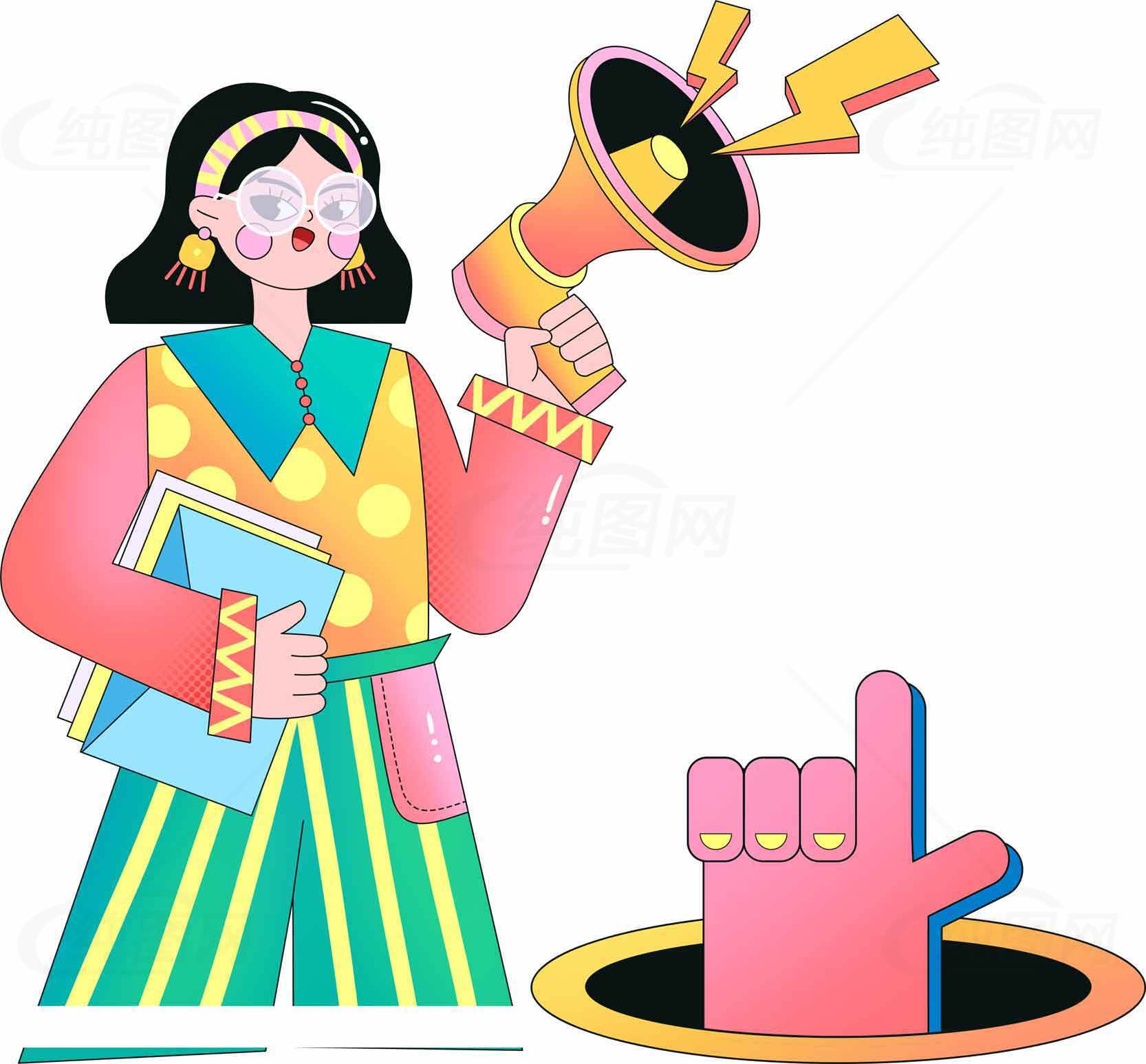 创意插画：女性与扩音器的表达艺术素材