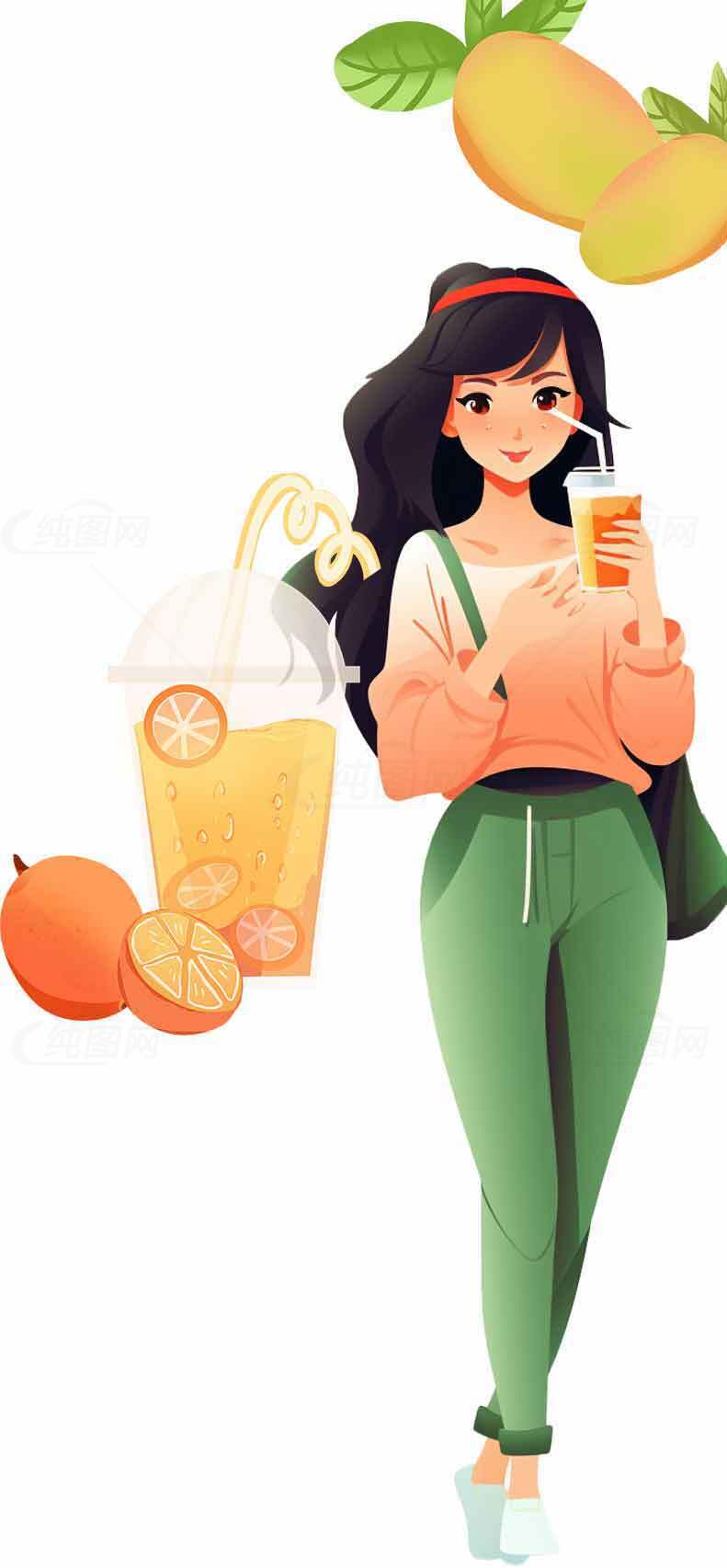 夏日清新果汁与时尚穿搭插画素材