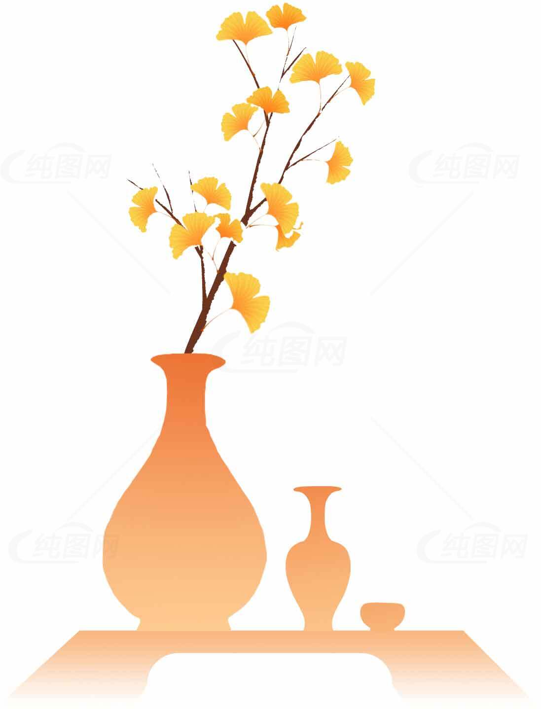 简约风格的橙色花瓶与银杏插画设计素材