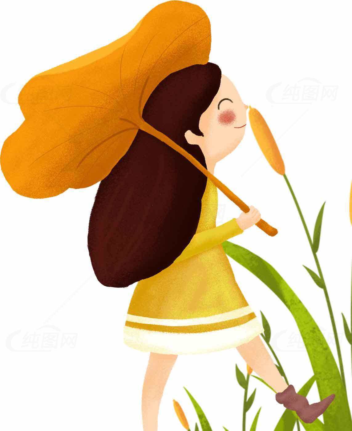 秋季童趣插画：女孩与大叶伞漫步田野素材
