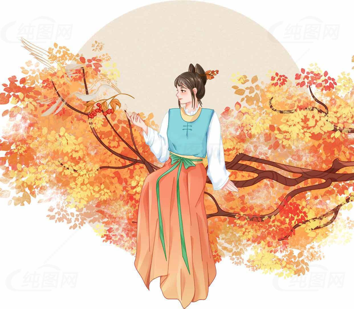 秋日古风插画：女子与白鹤的唯美邂逅素材