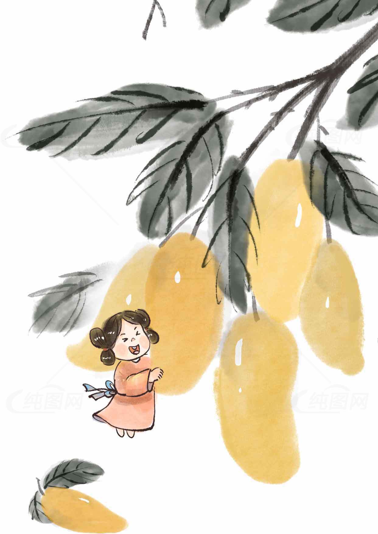 国风水墨风格芒果插画设计素材