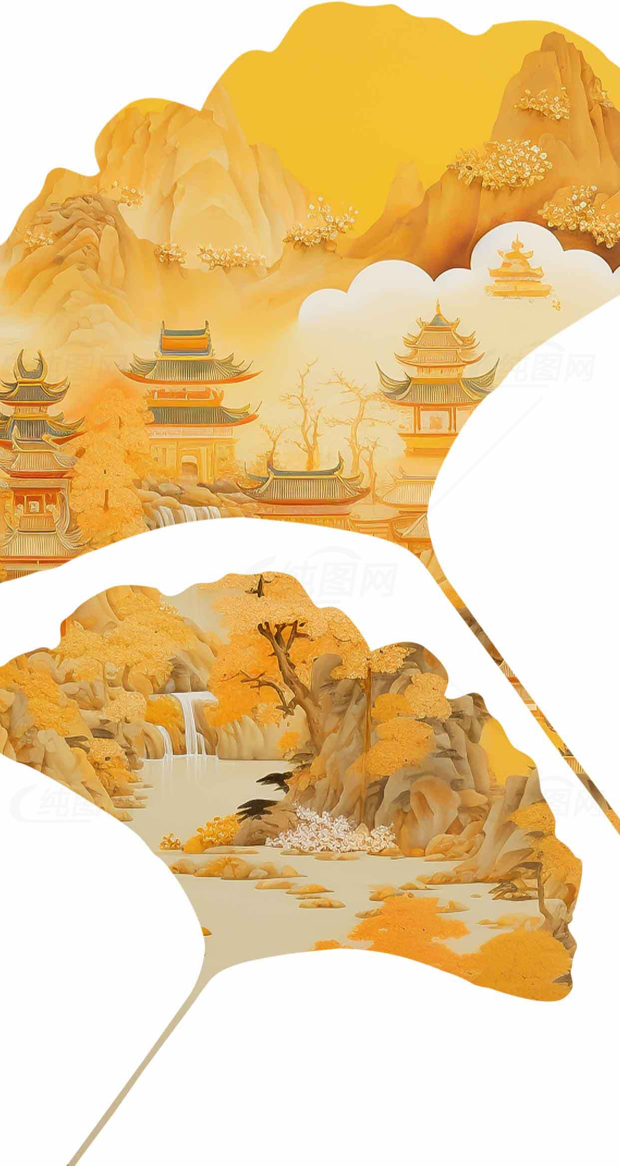中国传统山水画风格银杏叶设计素材
