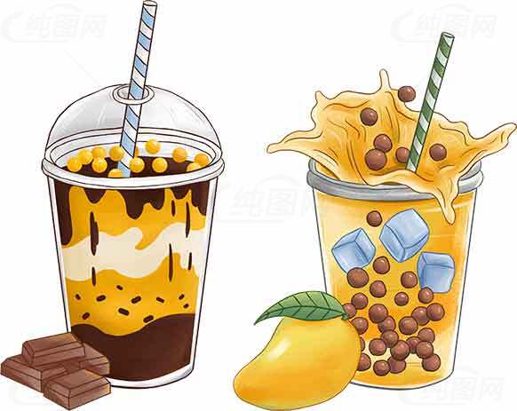美味奶茶与芒果冰沙插画设计素材