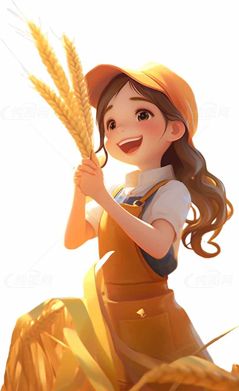 秋季丰收主题插画：女孩与麦穗素材