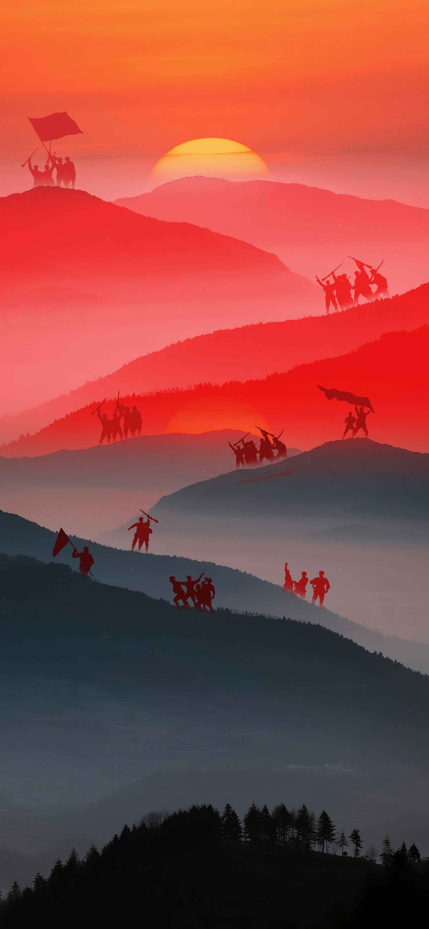 红色山峦与革命精神的日出画面素材