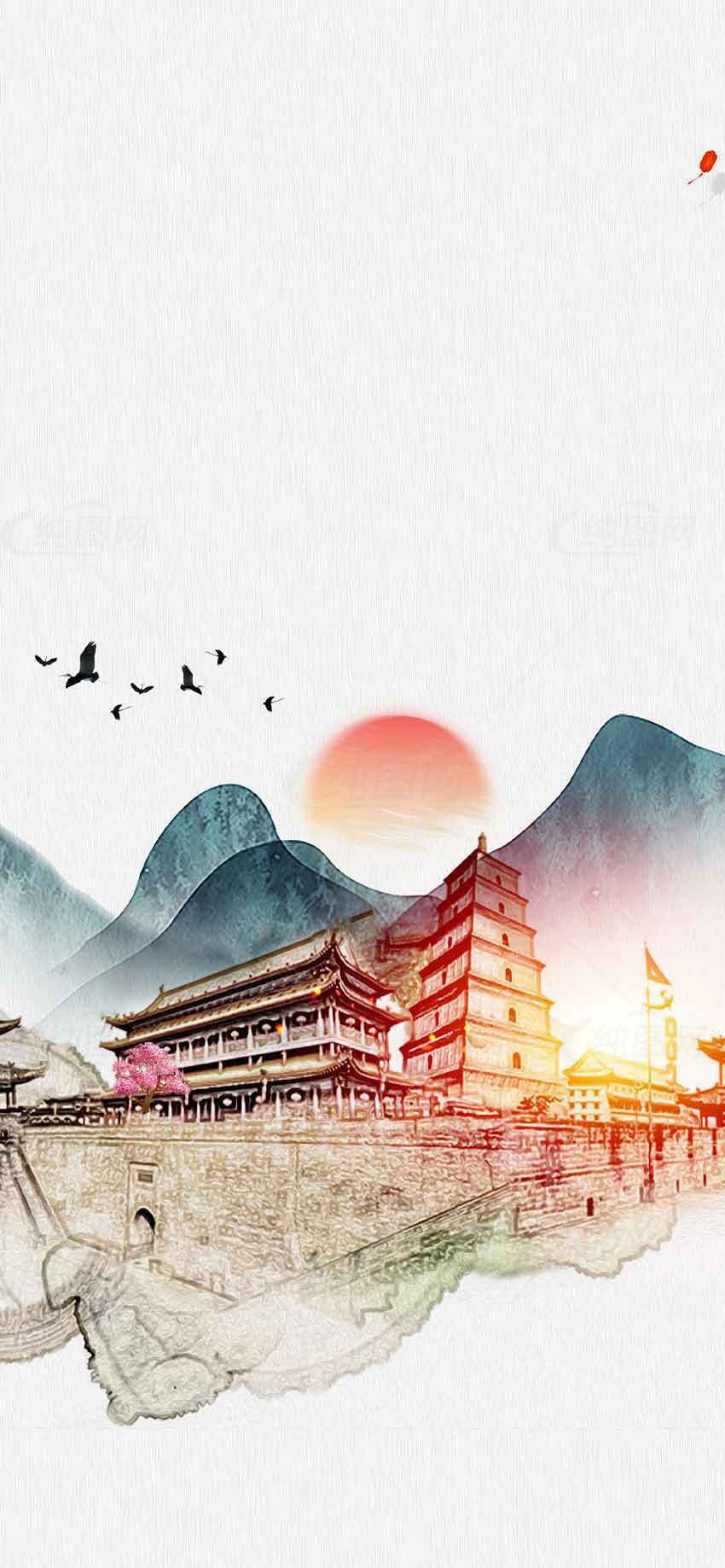 中国传统水墨风景画：古建筑与山水日出素材