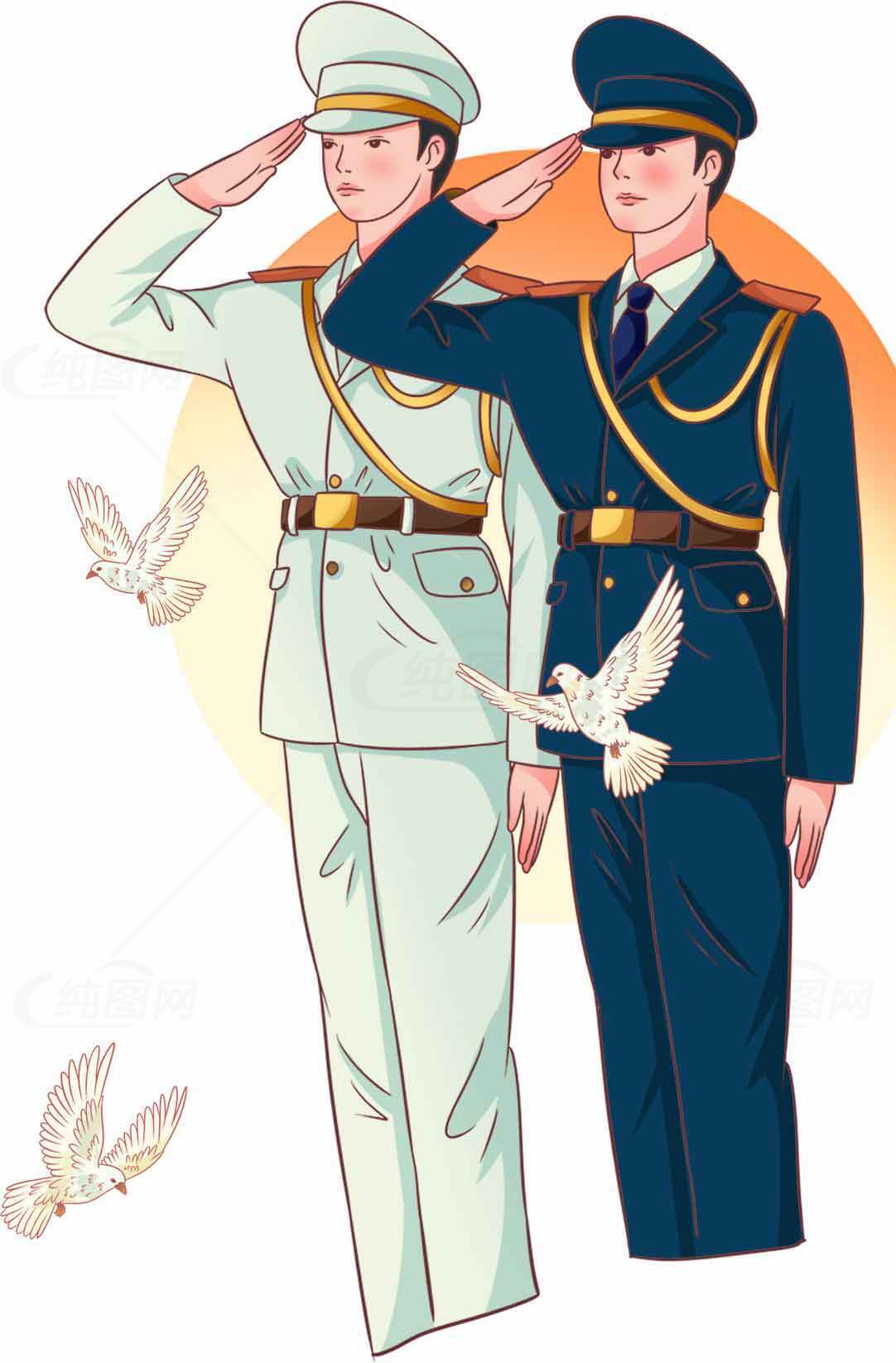 军人敬礼插画：和平与荣耀的象征素材