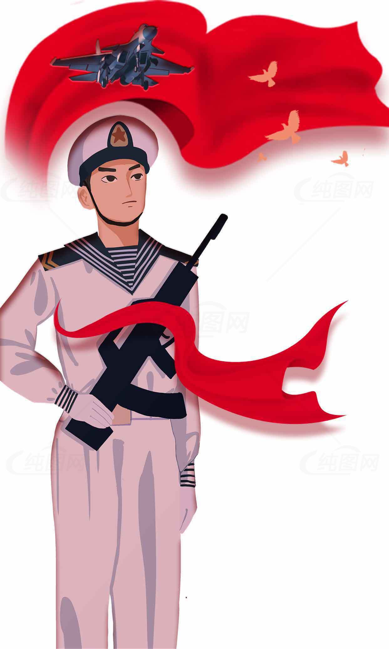中国海军士兵与红旗背景插画素材