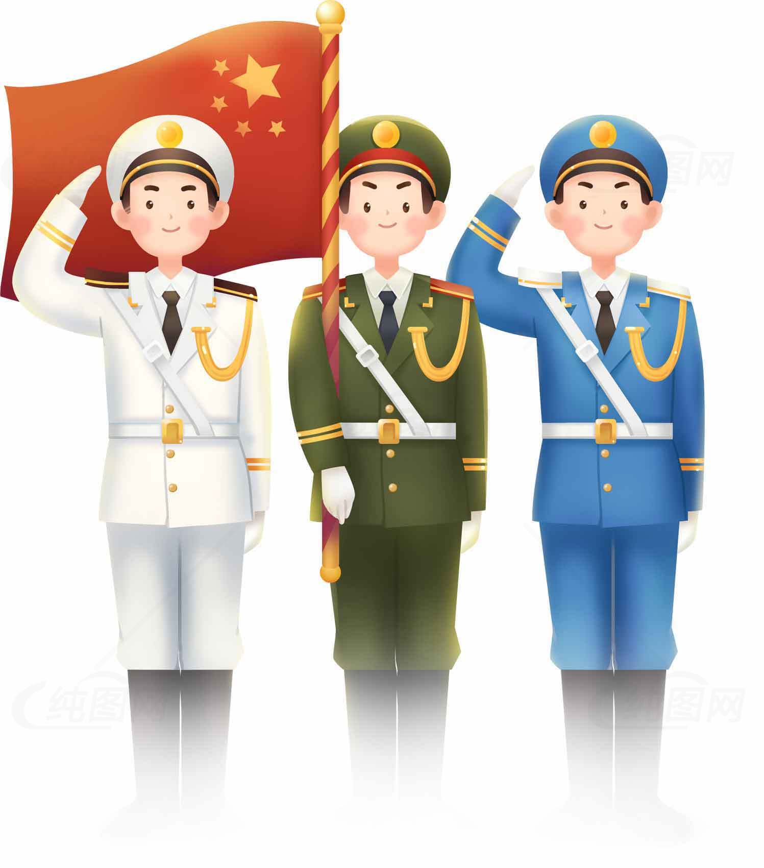 中国军人形象与国旗插画素材