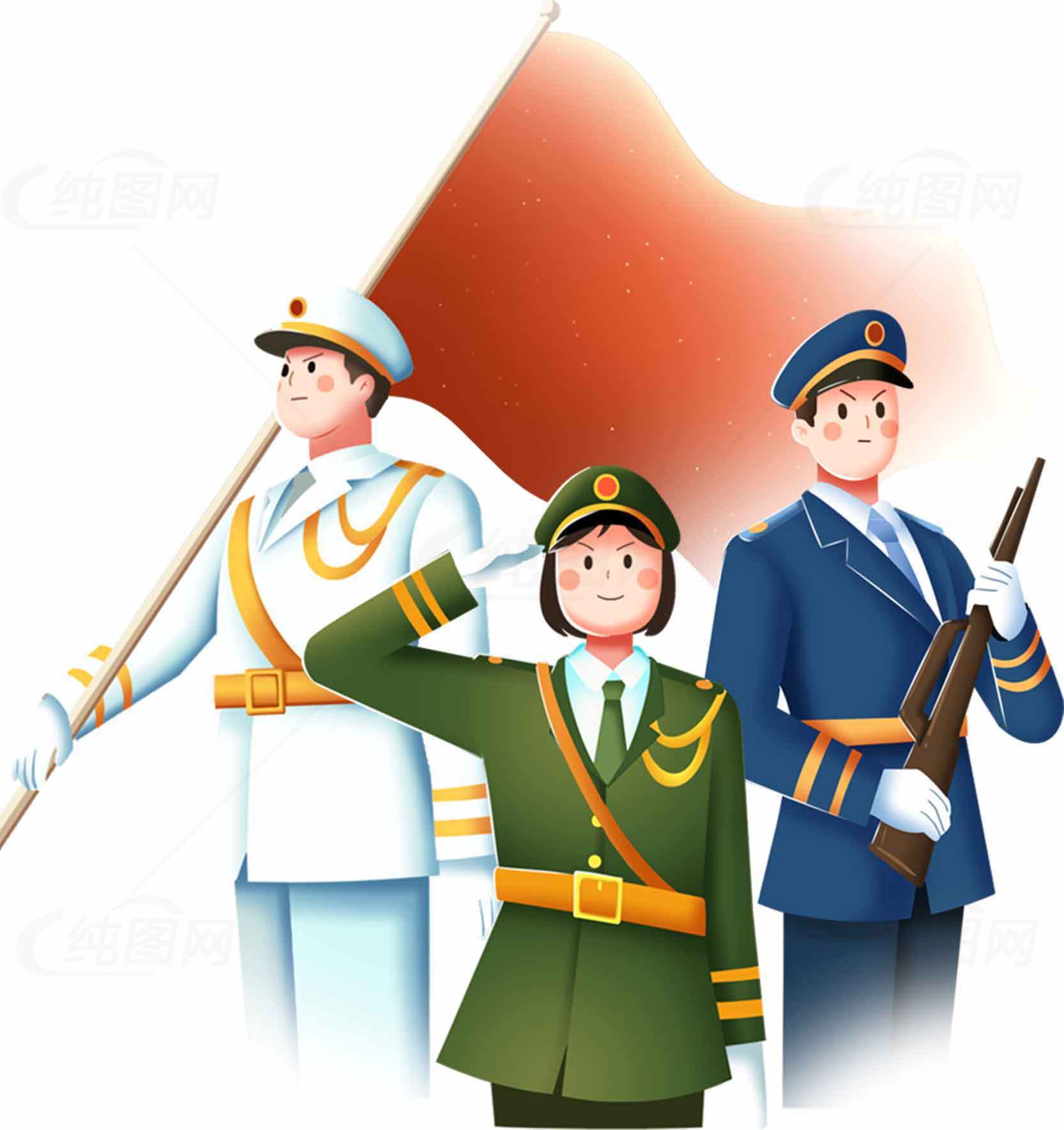 中国军人形象与红旗插画设计素材