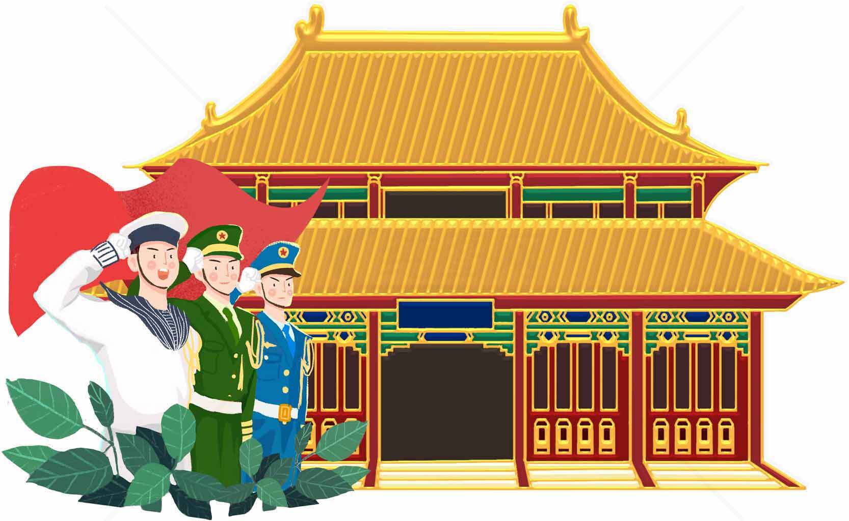 中国传统建筑与军人形象融合的爱国主题插画素材