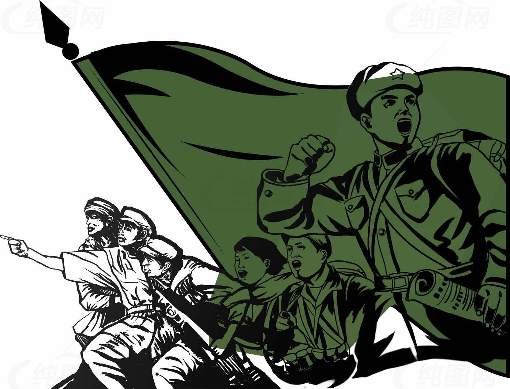 革命主题插画：绿色旗帜与战士形象素材
