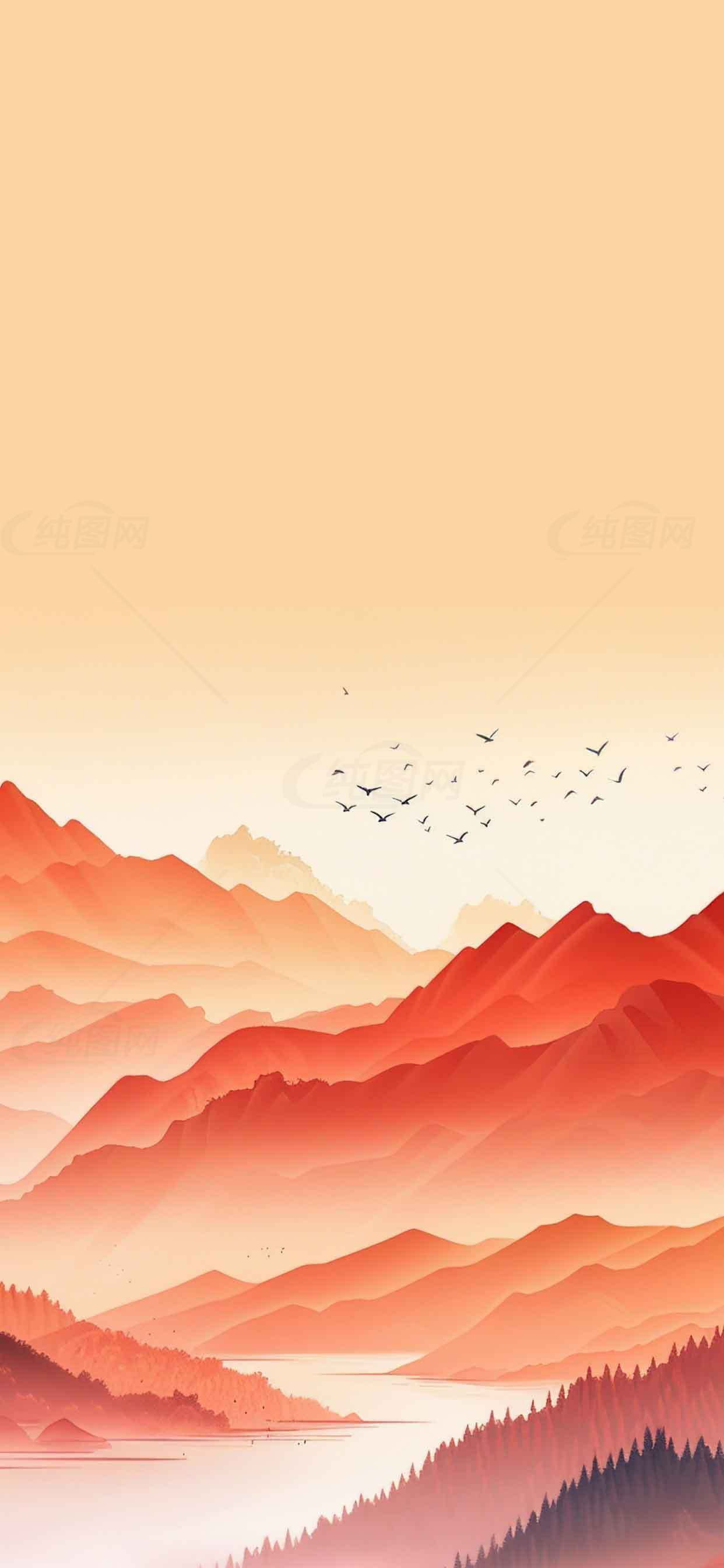 唯美红色山水风景插画背景图片素材