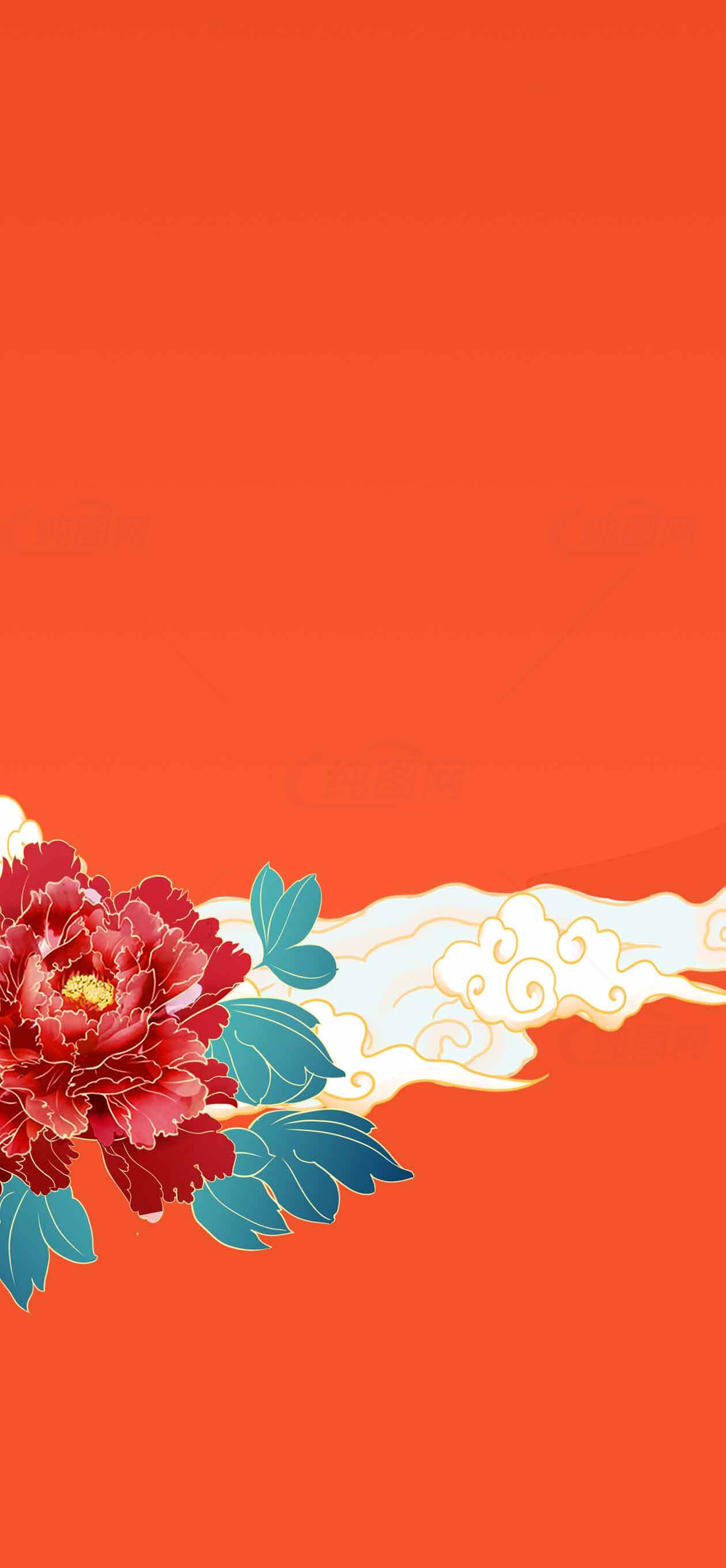 中国风红色背景图片：牡丹与祥云设计素材