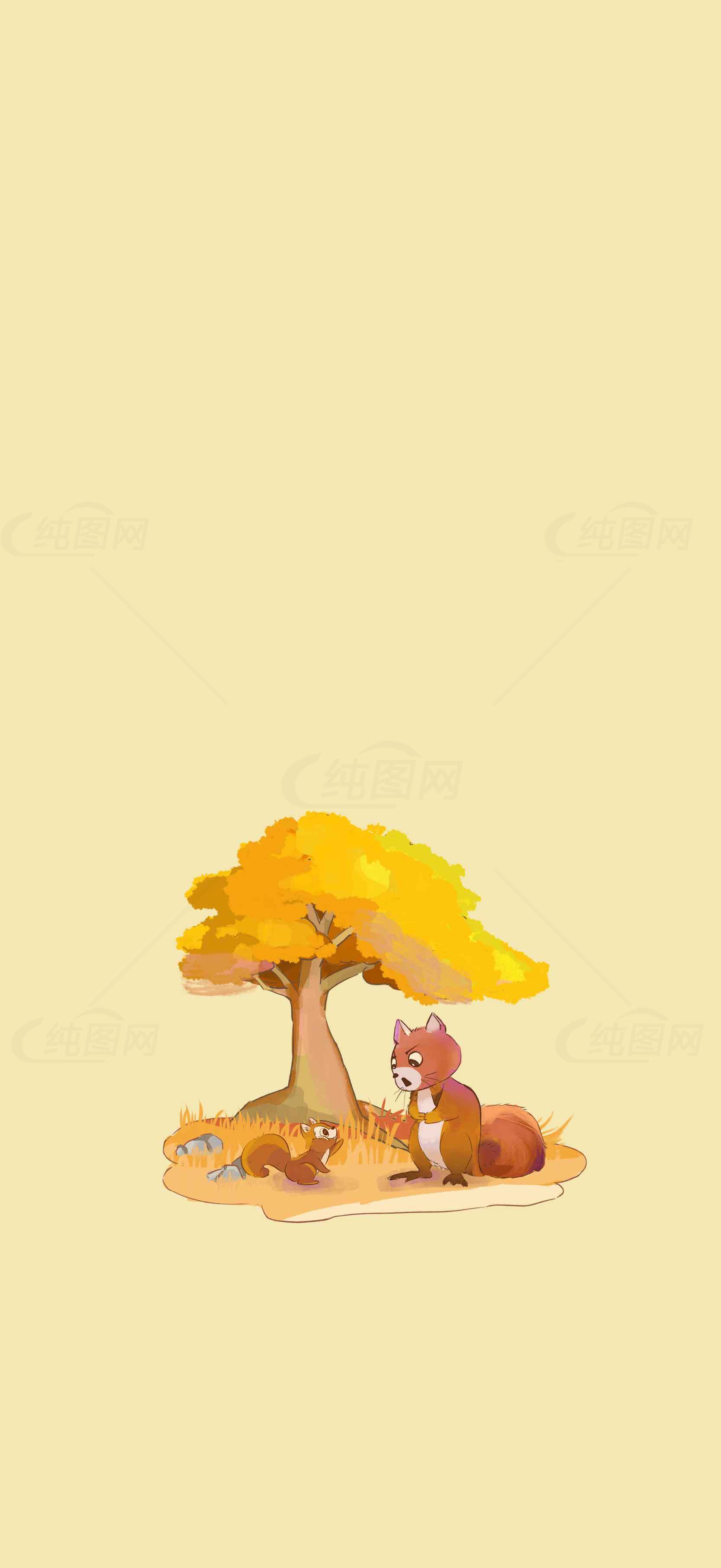秋季卡通松鼠与黄色树插画壁纸素材