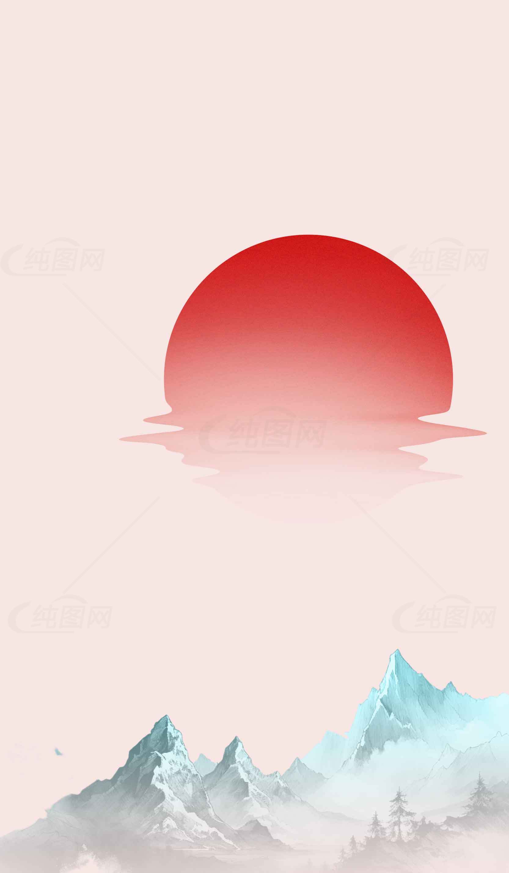 唯美红日与山水国风背景图片素材