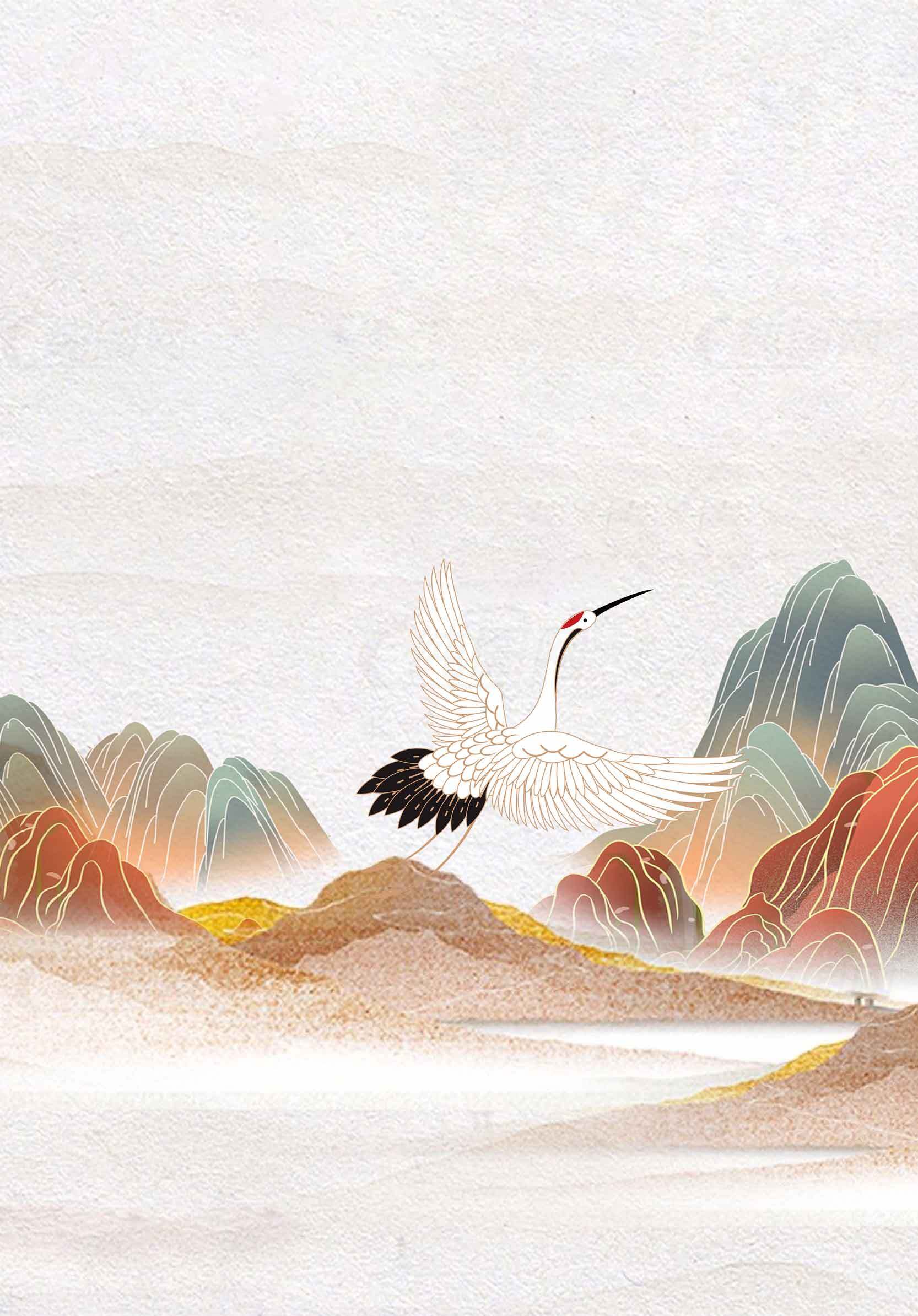 山水意境仙鹤国风插画图片素材